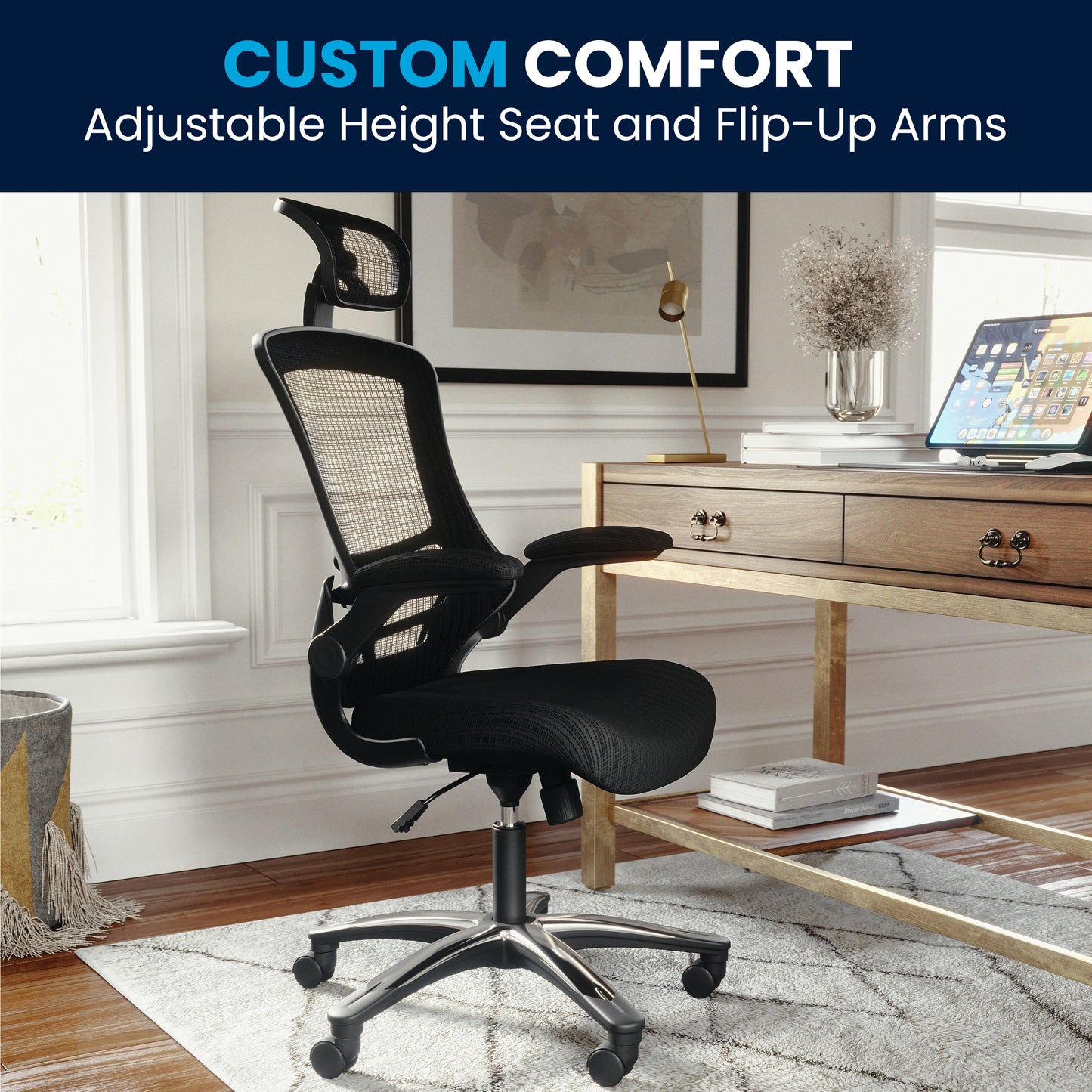 Kelista High-Back Black Mesh Swivel Ergonomic Executive Office Chair with Flip-Up Arms and Adjustable Headrest Black