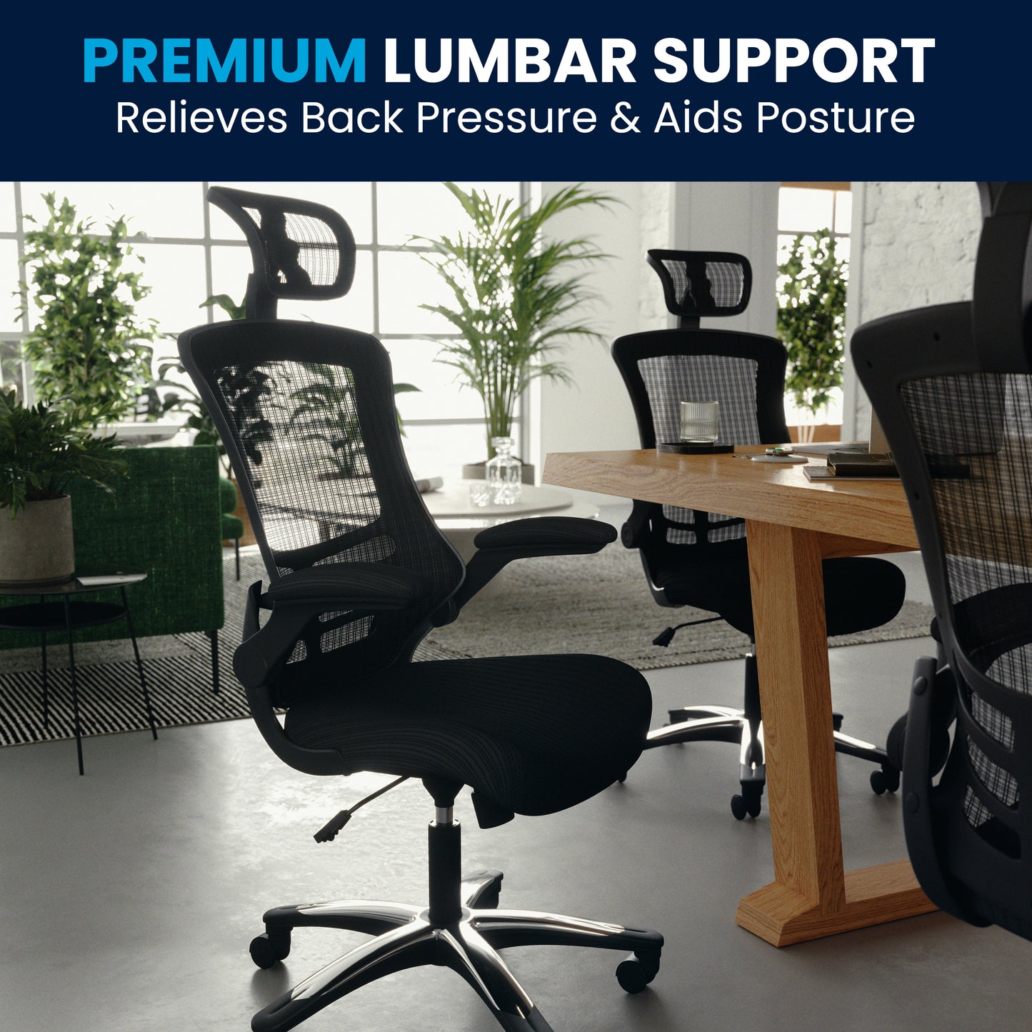 Kelista High-Back Black Mesh Swivel Ergonomic Executive Office Chair with Flip-Up Arms and Adjustable Headrest Black