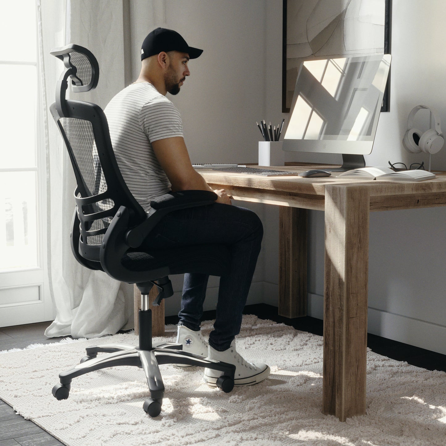 Kelista High-Back Black Mesh Swivel Ergonomic Executive Office Chair with Flip-Up Arms and Adjustable Headrest Black