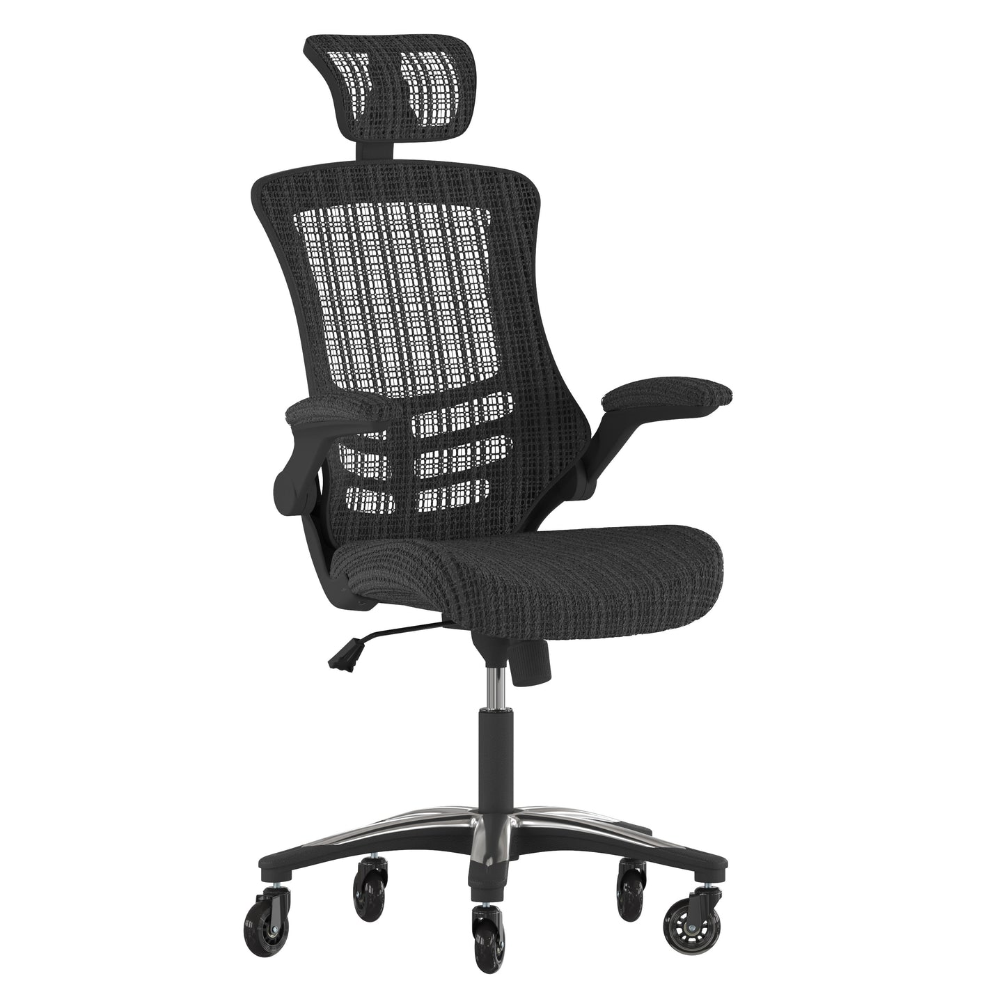 Kelista High-Back Black Mesh Swivel Ergonomic Executive Office Chair with Flip-Up Arms and Transparent Roller Wheels Black