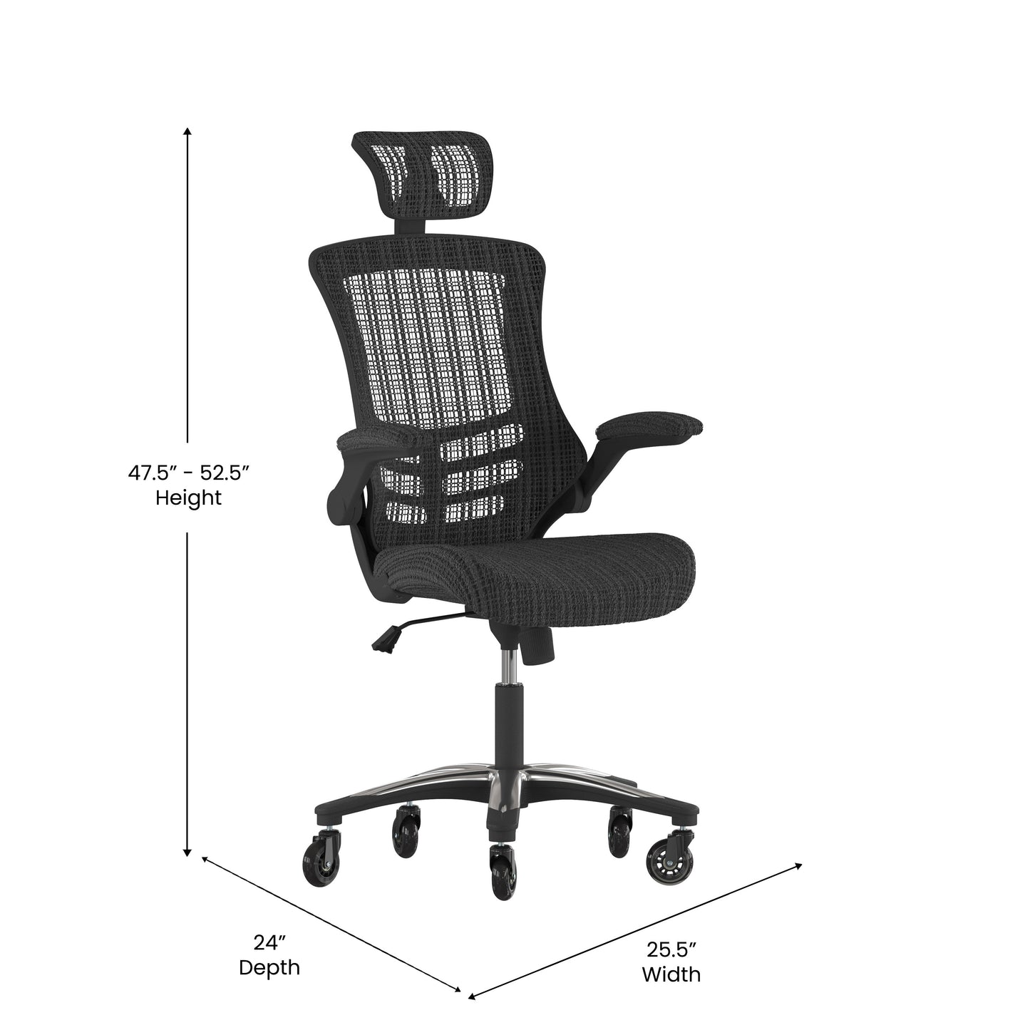 Kelista High-Back Black Mesh Swivel Ergonomic Executive Office Chair with Flip-Up Arms and Transparent Roller Wheels Black