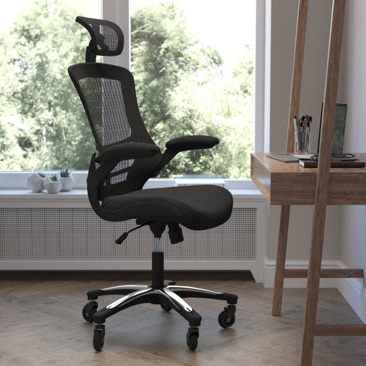 Kelista High-Back Black Mesh Swivel Ergonomic Executive Office Chair with Flip-Up Arms and Transparent Roller Wheels Black BL-X-5H-RLB-GG