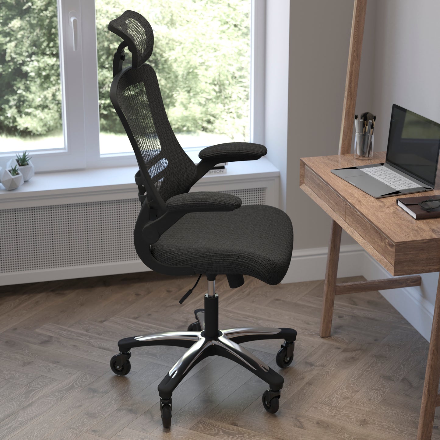 Kelista High-Back Black Mesh Swivel Ergonomic Executive Office Chair with Flip-Up Arms and Transparent Roller Wheels Black