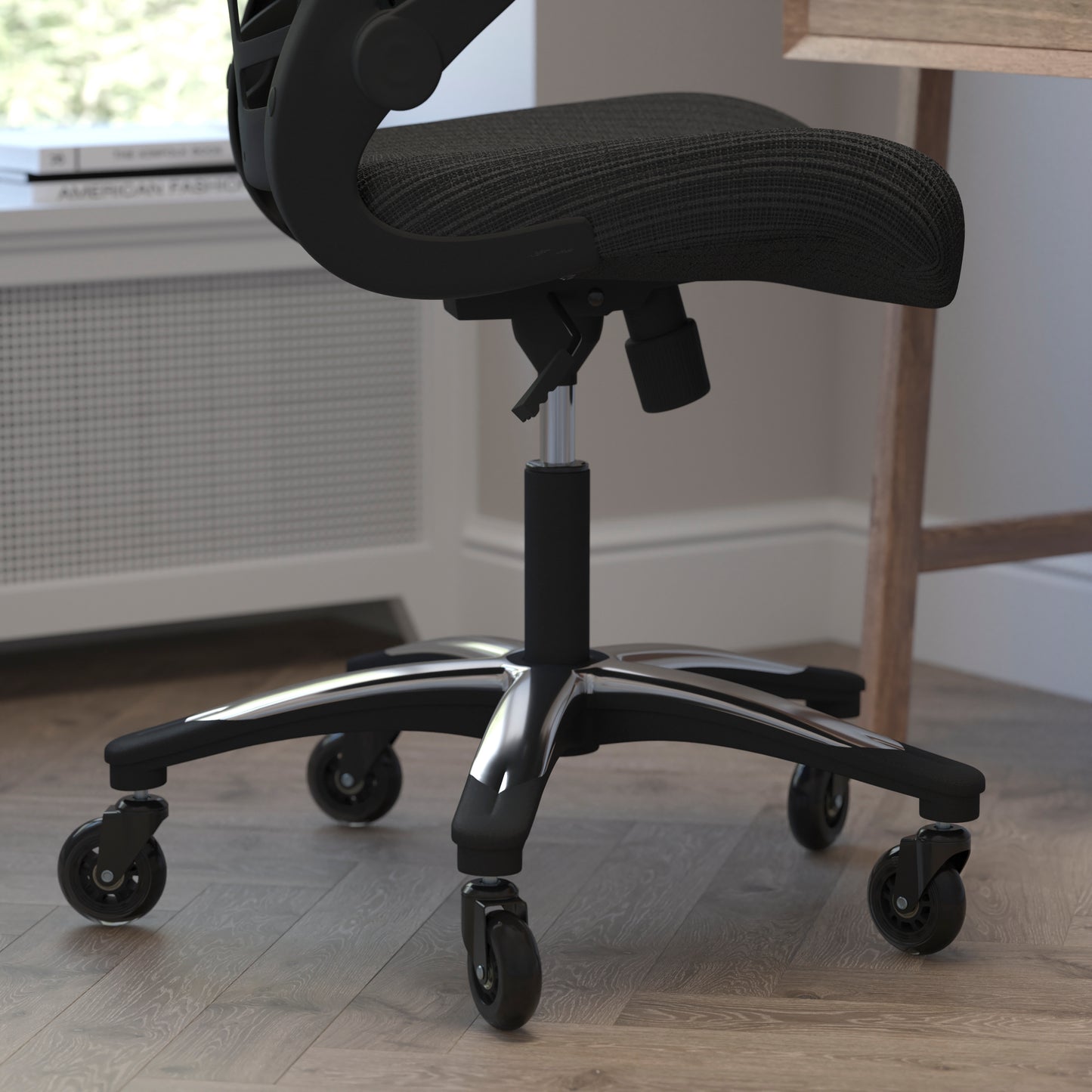 Kelista High-Back Black Mesh Swivel Ergonomic Executive Office Chair with Flip-Up Arms and Transparent Roller Wheels Black