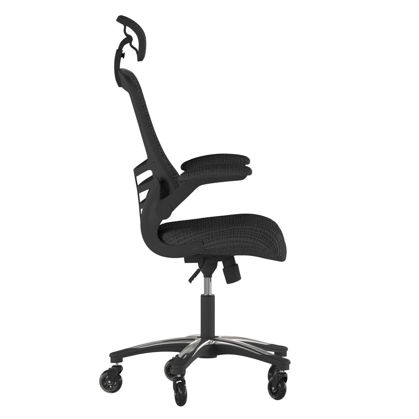 Kelista High-Back Black Mesh Swivel Ergonomic Executive Office Chair with Flip-Up Arms and Transparent Roller Wheels Black