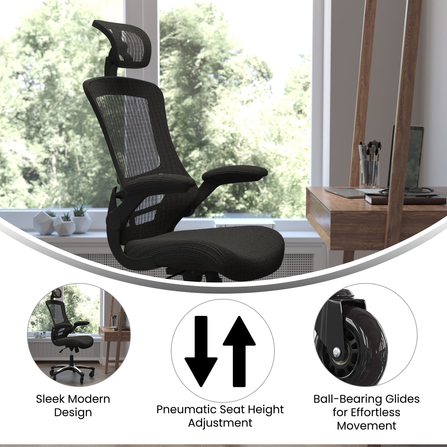 Kelista High-Back Black Mesh Swivel Ergonomic Executive Office Chair with Flip-Up Arms and Transparent Roller Wheels Black