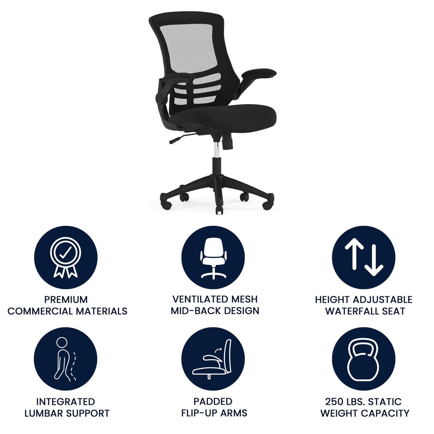 Kelista Mid-Back Black Mesh Swivel Ergonomic Task Office Chair with Flip-Up Arms Black Mesh/Black Frame