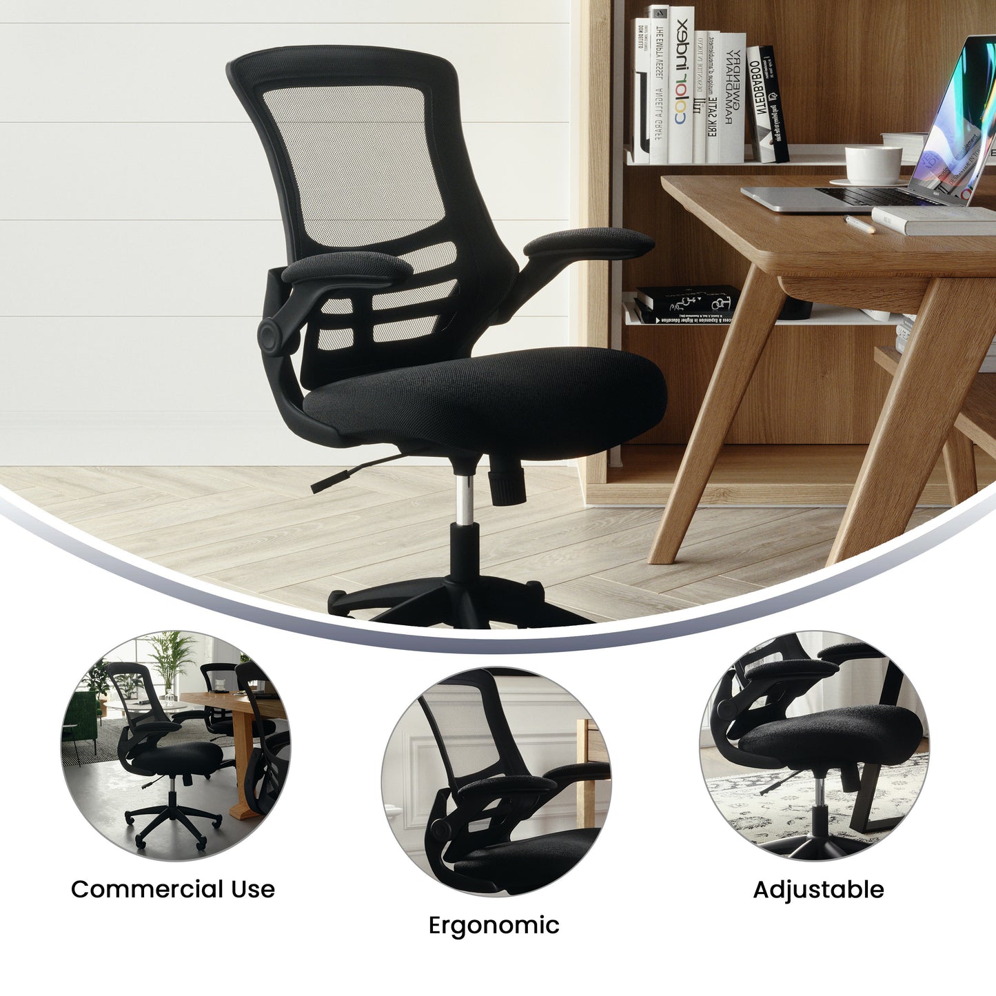 Kelista Mid-Back Black Mesh Swivel Ergonomic Task Office Chair with Flip-Up Arms Black Mesh/Black Frame