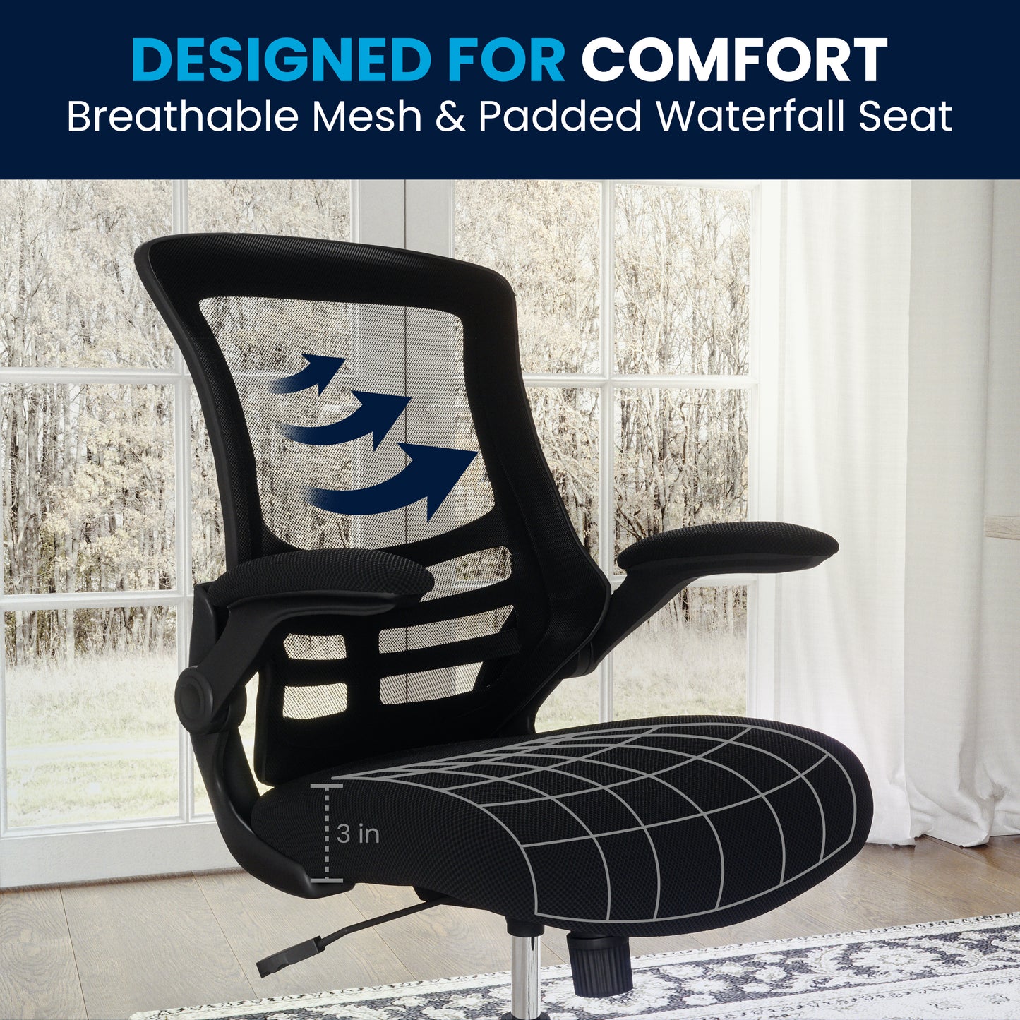 Kelista Mid-Back Black Mesh Swivel Ergonomic Task Office Chair with Flip-Up Arms Black Mesh/Black Frame