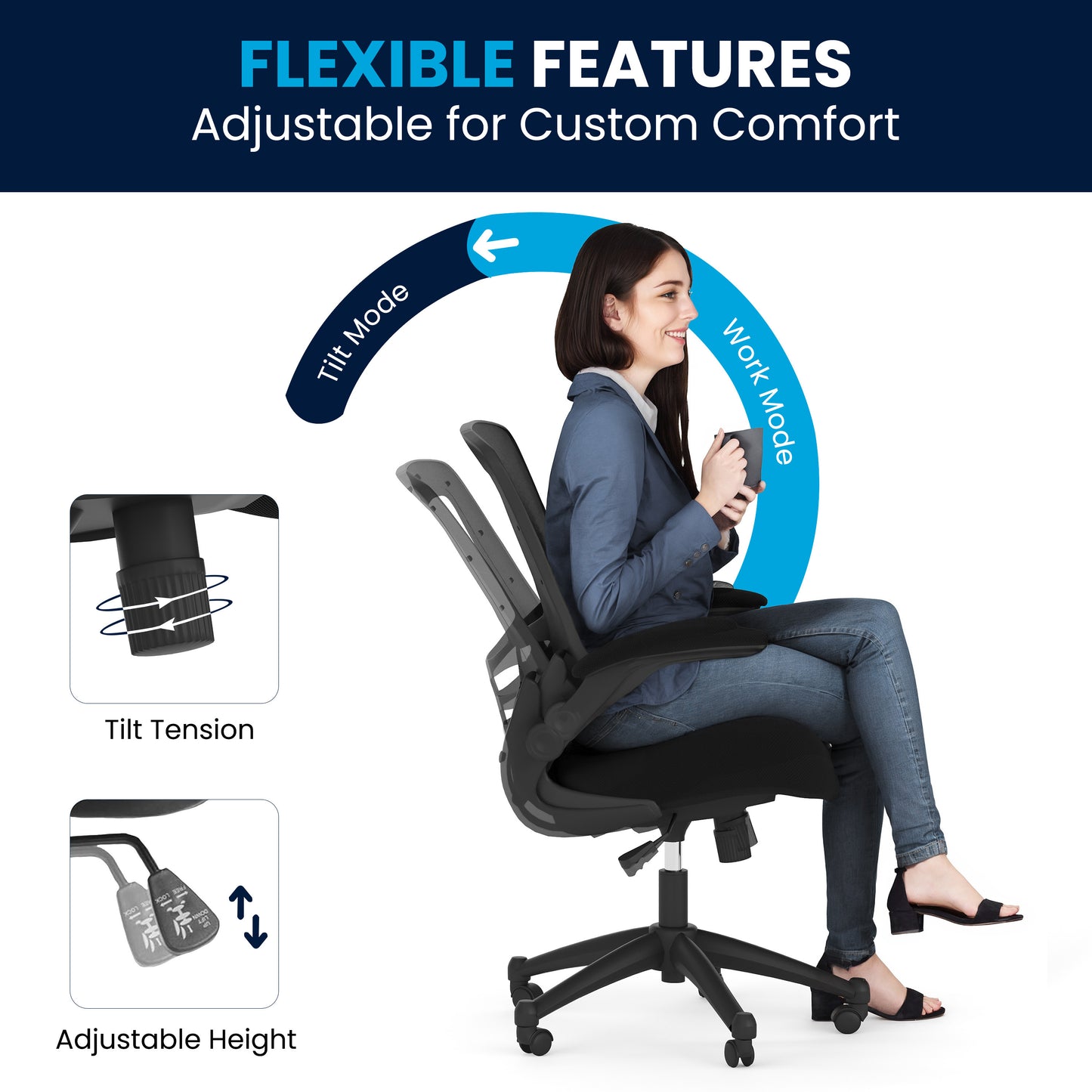 Kelista Mid-Back Black Mesh Swivel Ergonomic Task Office Chair with Flip-Up Arms Black Mesh/Black Frame