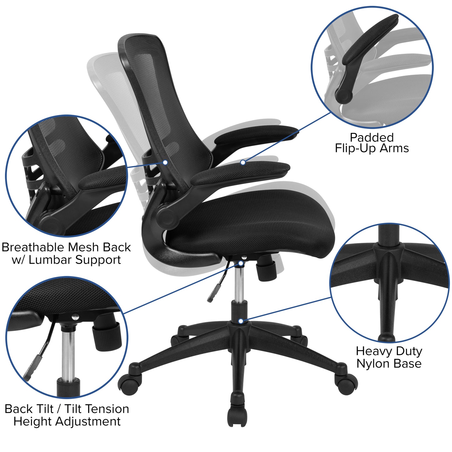 Kelista Mid-Back Black Mesh Swivel Ergonomic Task Office Chair with Flip-Up Arms Black Mesh/Black Frame