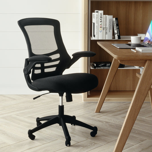 Kelista Mid-Back Black Mesh Swivel Ergonomic Task Office Chair with Flip-Up Arms Black Mesh/Black Frame BL-X-5M-BK-GG
