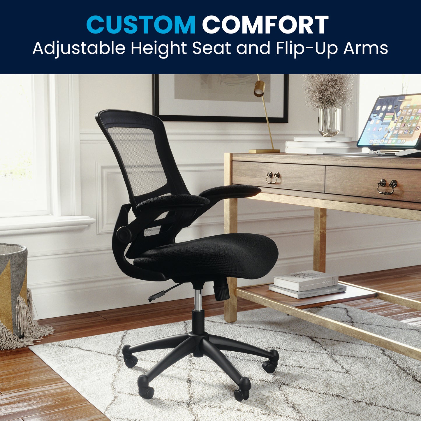 Kelista Mid-Back Black Mesh Swivel Ergonomic Task Office Chair with Flip-Up Arms Black Mesh/Black Frame