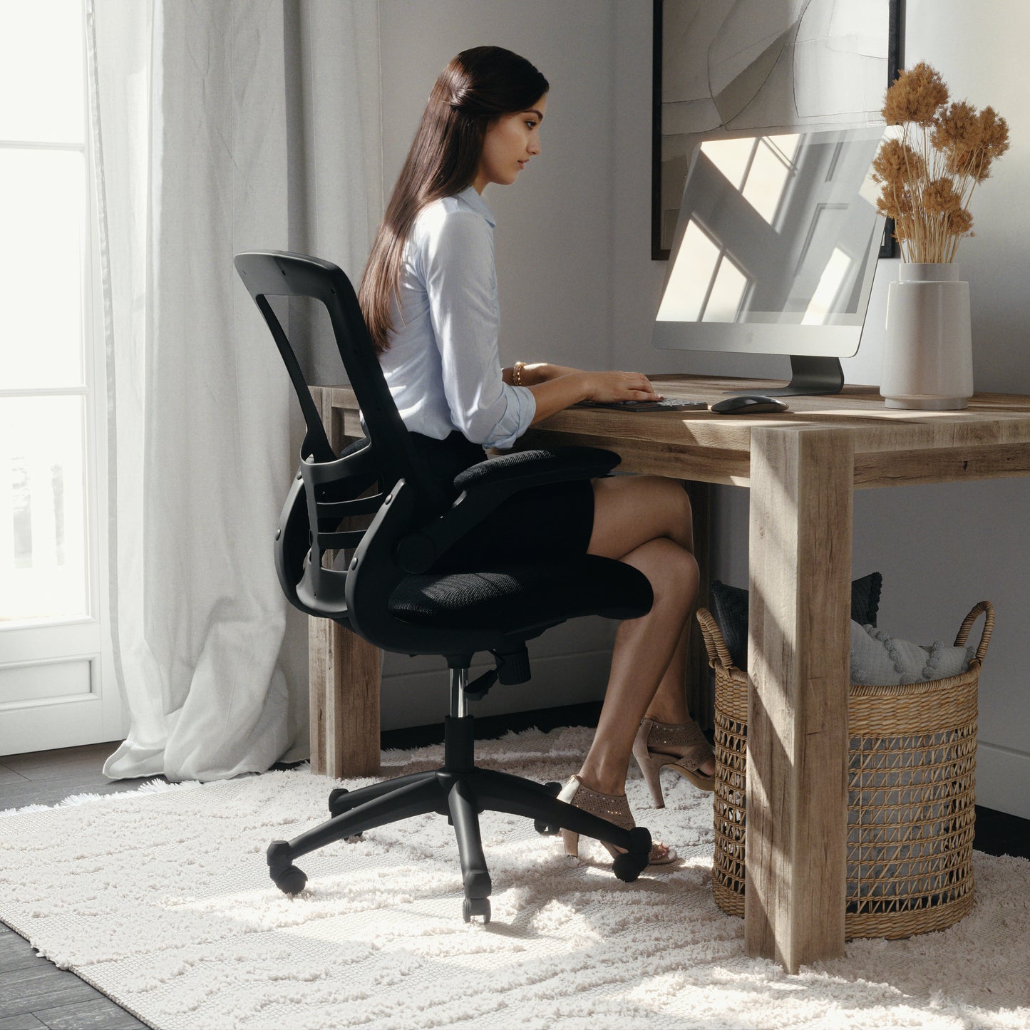 Kelista Mid-Back Black Mesh Swivel Ergonomic Task Office Chair with Flip-Up Arms Black Mesh/Black Frame
