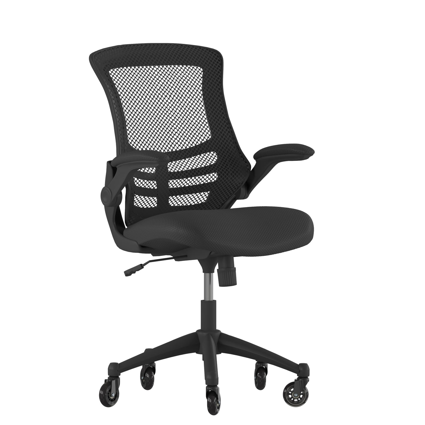 Kelista Mid-Back Black Mesh Swivel Ergonomic Task Office Chair with Flip-Up Arms and Transparent Roller Wheels Black Mesh/Black Frame BL-X-5M-BK-RLB-GG
