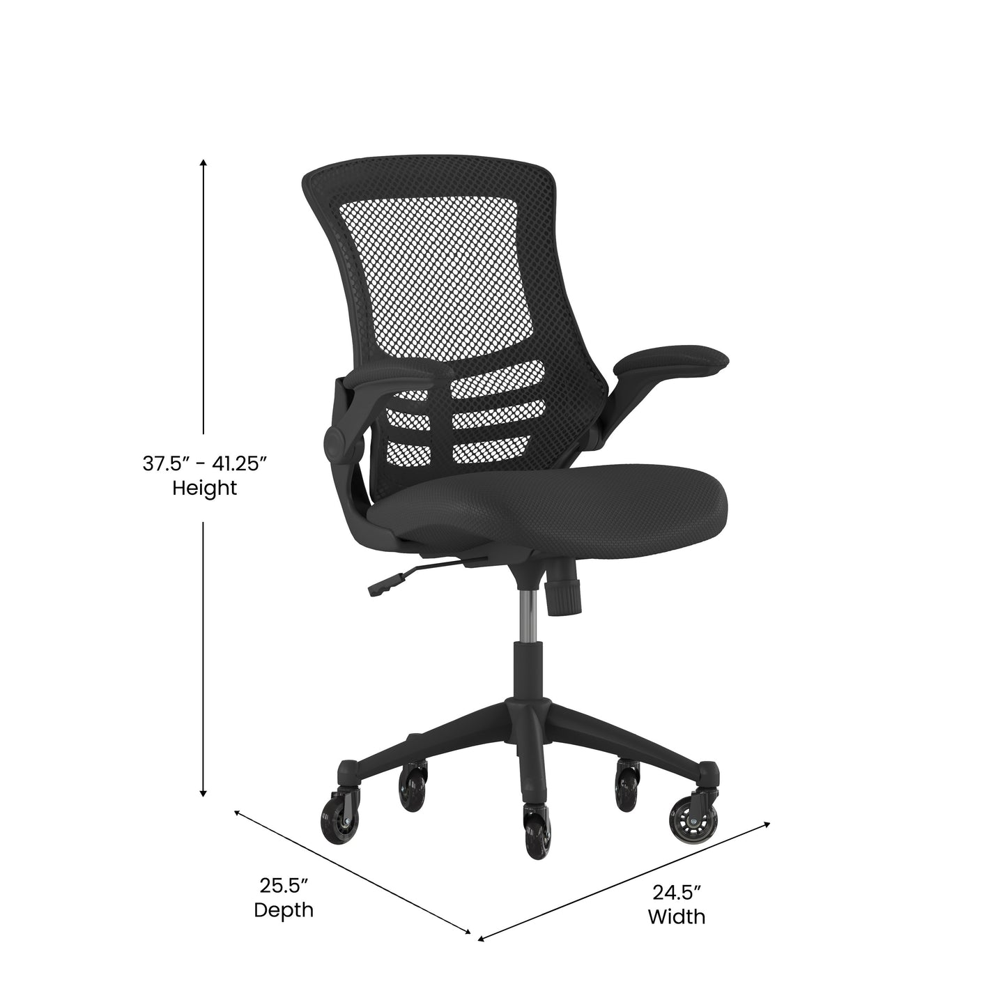 Kelista Mid-Back Black Mesh Swivel Ergonomic Task Office Chair with Flip-Up Arms and Transparent Roller Wheels Black Mesh/Black Frame BL-X-5M-BK-RLB-GG