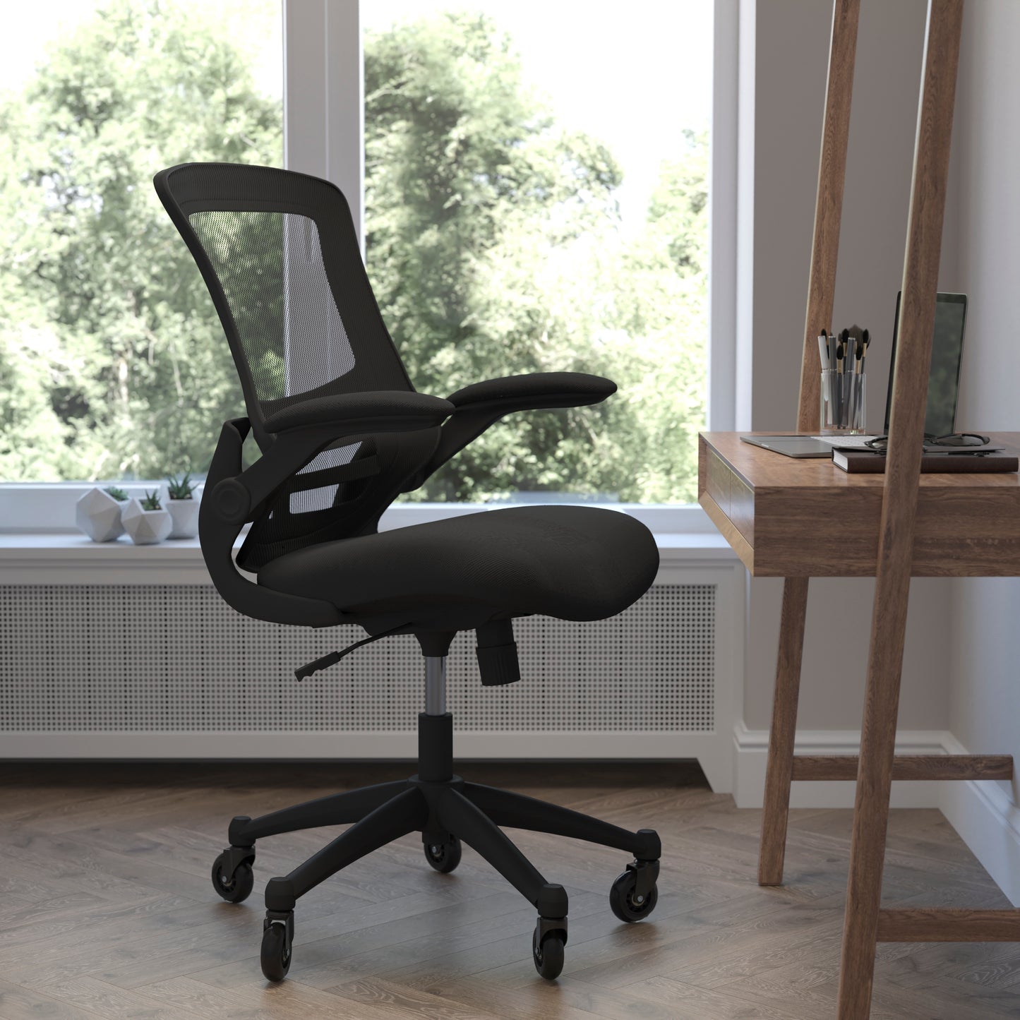 Kelista Mid-Back Black Mesh Swivel Ergonomic Task Office Chair with Flip-Up Arms and Transparent Roller Wheels Black Mesh/Black Frame BL-X-5M-BK-RLB-GG