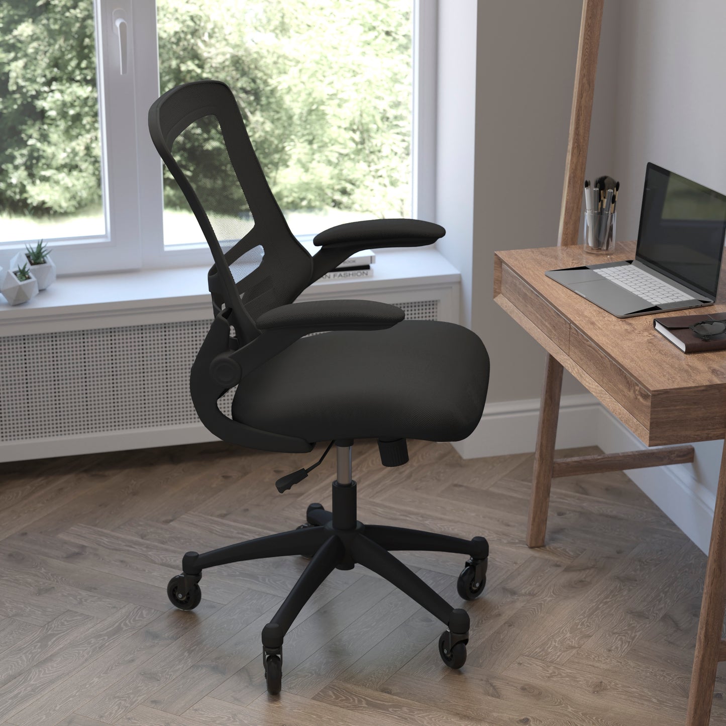 Kelista Mid-Back Black Mesh Swivel Ergonomic Task Office Chair with Flip-Up Arms and Transparent Roller Wheels Black Mesh/Black Frame BL-X-5M-BK-RLB-GG