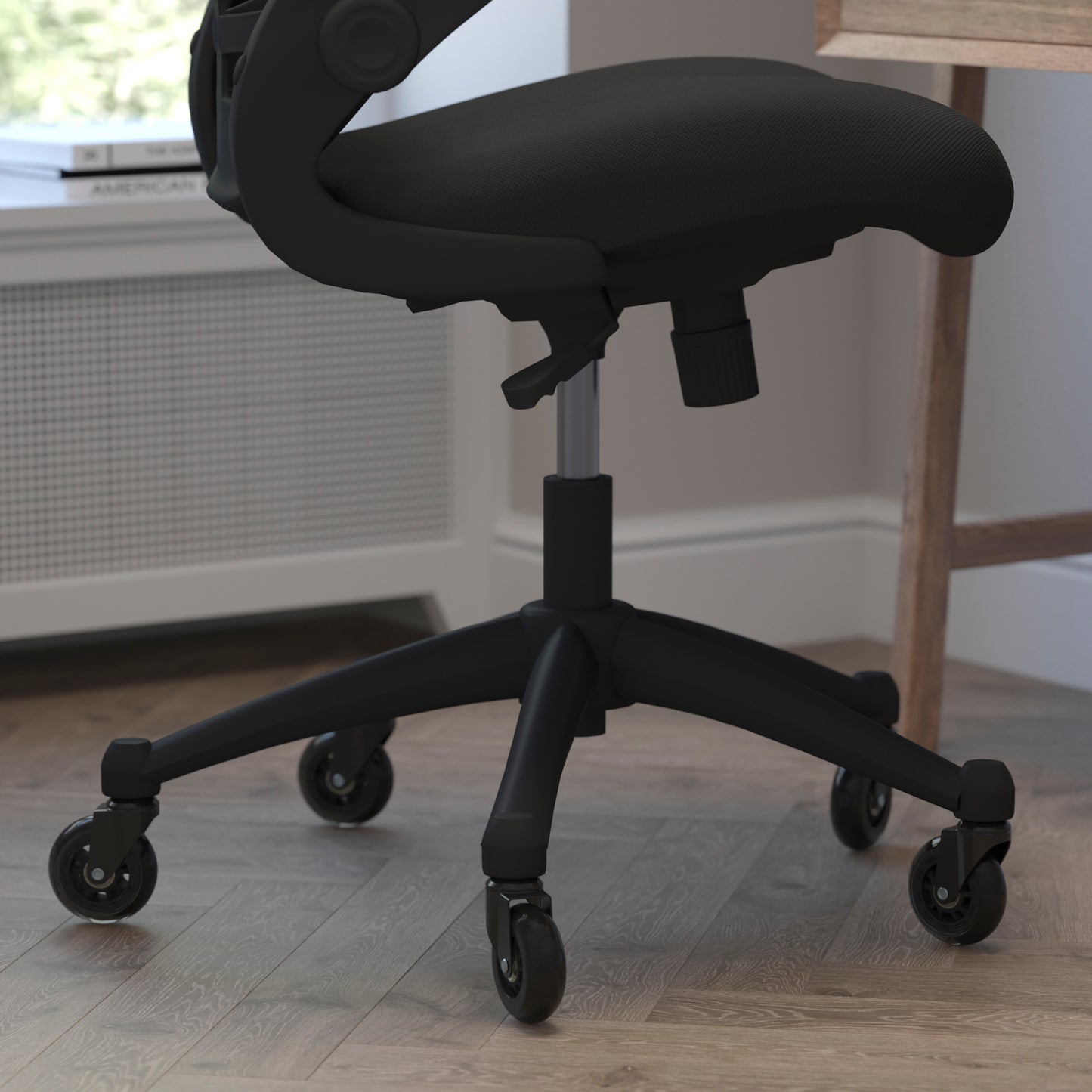 Kelista Mid-Back Black Mesh Swivel Ergonomic Task Office Chair with Flip-Up Arms and Transparent Roller Wheels Black Mesh/Black Frame BL-X-5M-BK-RLB-GG