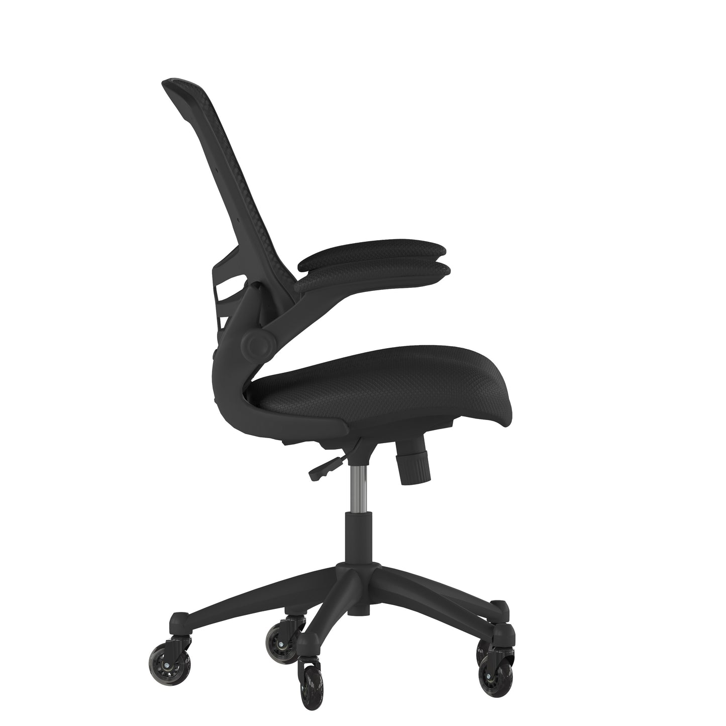 Kelista Mid-Back Black Mesh Swivel Ergonomic Task Office Chair with Flip-Up Arms and Transparent Roller Wheels Black Mesh/Black Frame BL-X-5M-BK-RLB-GG