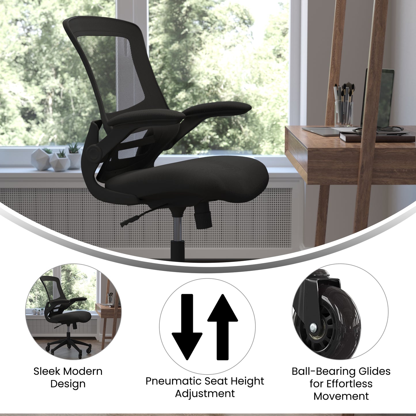 Kelista Mid-Back Black Mesh Swivel Ergonomic Task Office Chair with Flip-Up Arms and Transparent Roller Wheels Black Mesh/Black Frame BL-X-5M-BK-RLB-GG