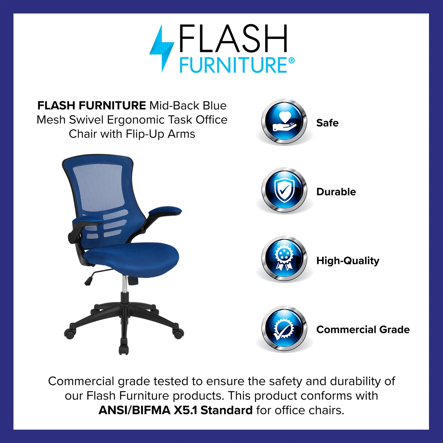 Kelista Mid-Back Blue Mesh Swivel Ergonomic Task Office Chair with Flip-Up Arms Blue Mesh/Black Frame