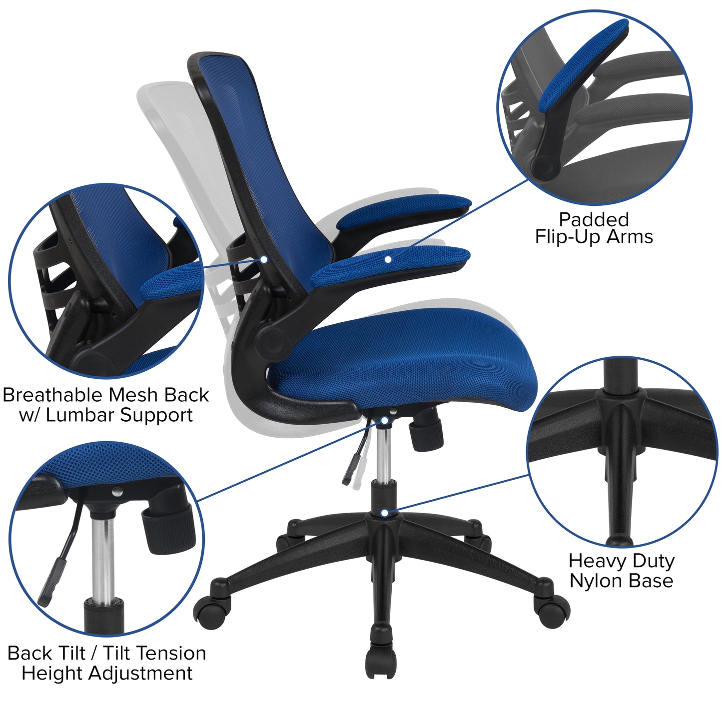 Kelista Mid-Back Blue Mesh Swivel Ergonomic Task Office Chair with Flip-Up Arms Blue Mesh/Black Frame