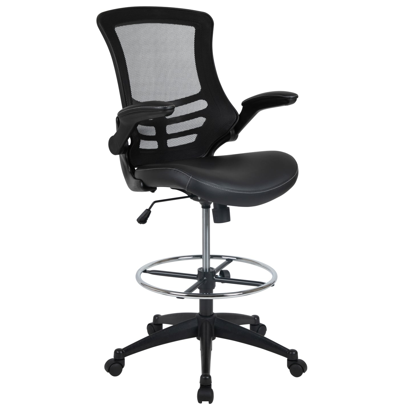 Kelista Mid-Back Black Mesh Ergonomic Drafting Chair with LeatherSoft Seat, Adjustable Foot Ring and Flip-Up Arms Black Mesh & LeatherSoft/Black Frame