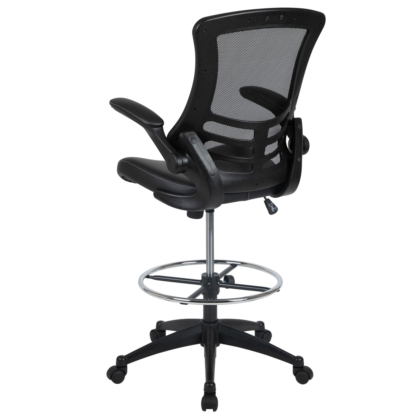 Kelista Mid-Back Black Mesh Ergonomic Drafting Chair with LeatherSoft Seat, Adjustable Foot Ring and Flip-Up Arms Black Mesh & LeatherSoft/Black Frame