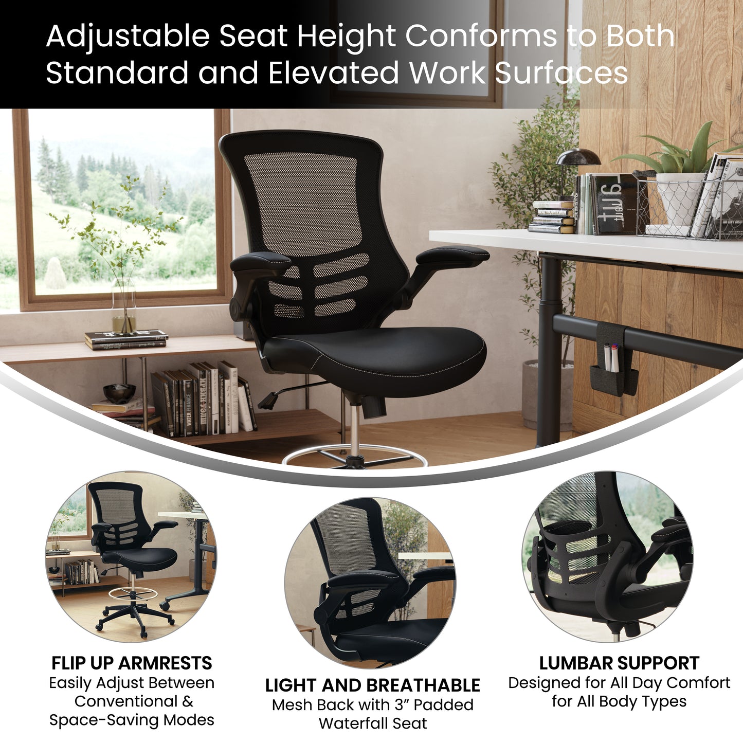 Kelista Mid-Back Black Mesh Ergonomic Drafting Chair with LeatherSoft Seat, Adjustable Foot Ring and Flip-Up Arms Black Mesh & LeatherSoft/Black Frame