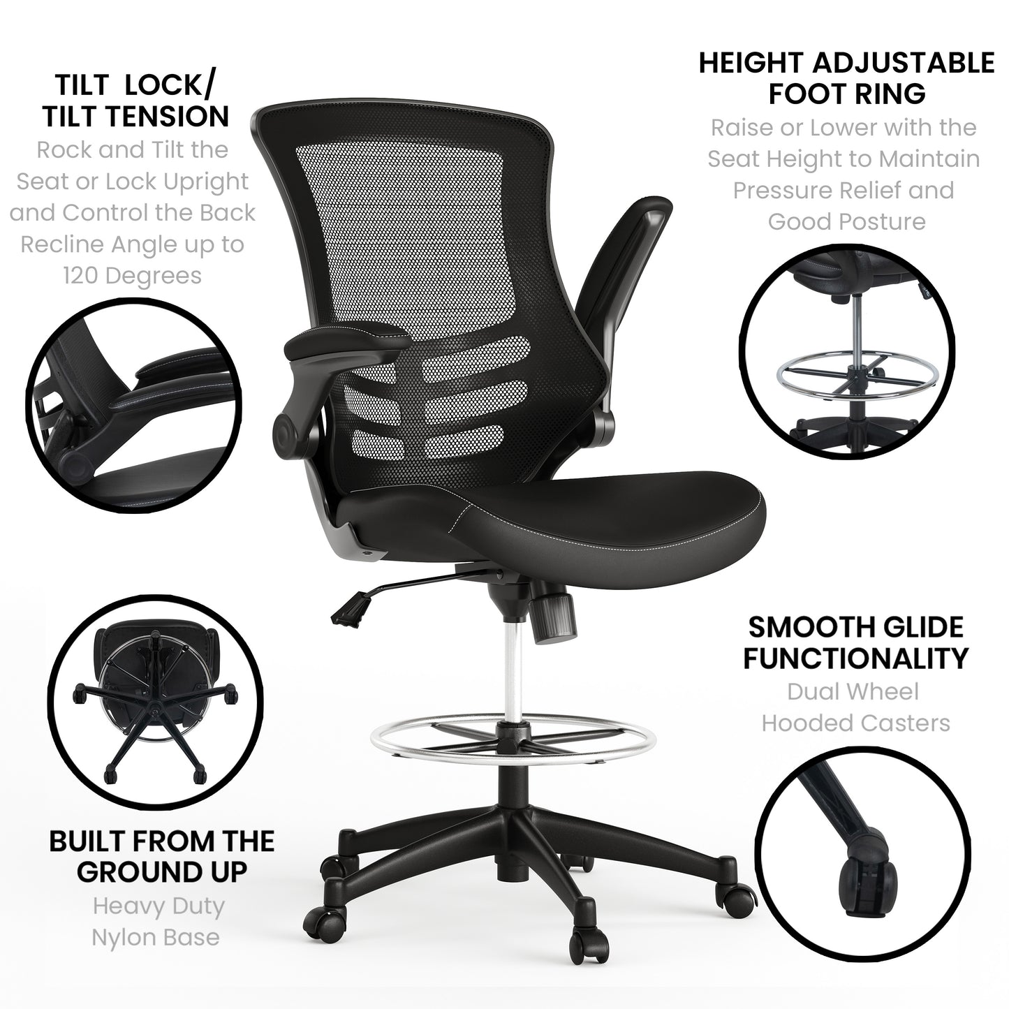 Kelista Mid-Back Black Mesh Ergonomic Drafting Chair with LeatherSoft Seat, Adjustable Foot Ring and Flip-Up Arms Black Mesh & LeatherSoft/Black Frame