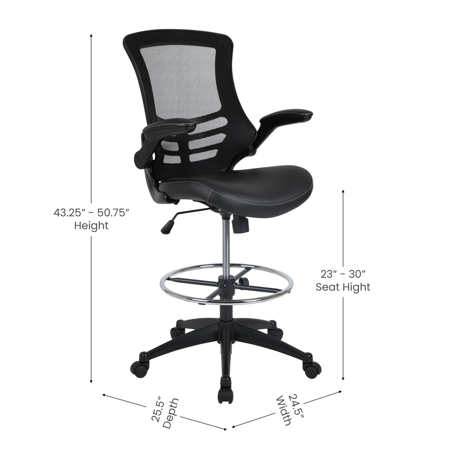 Kelista Mid-Back Black Mesh Ergonomic Drafting Chair with LeatherSoft Seat, Adjustable Foot Ring and Flip-Up Arms Black Mesh & LeatherSoft/Black Frame