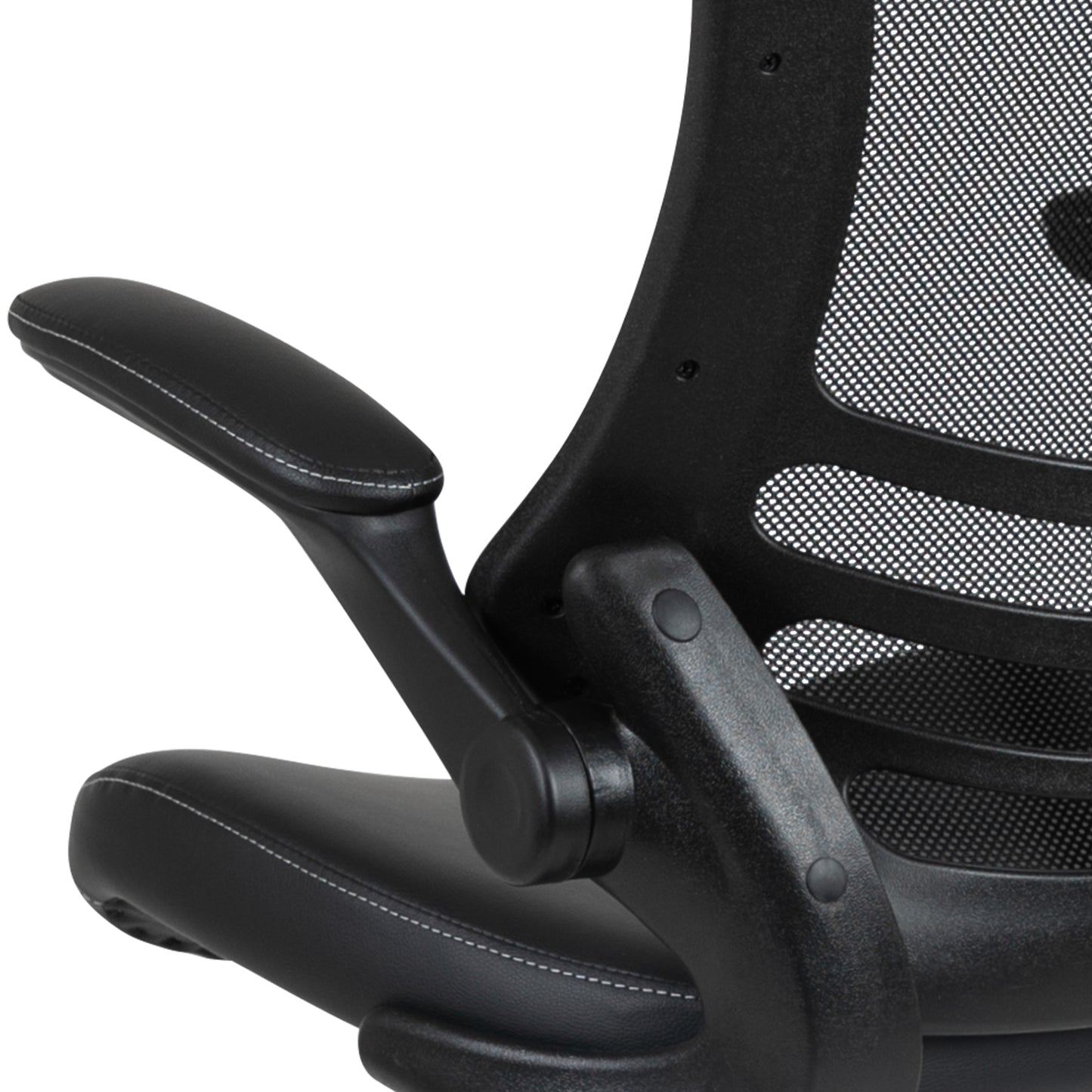 Kelista Mid-Back Black Mesh Ergonomic Drafting Chair with LeatherSoft Seat, Adjustable Foot Ring and Flip-Up Arms Black Mesh & LeatherSoft/Black Frame
