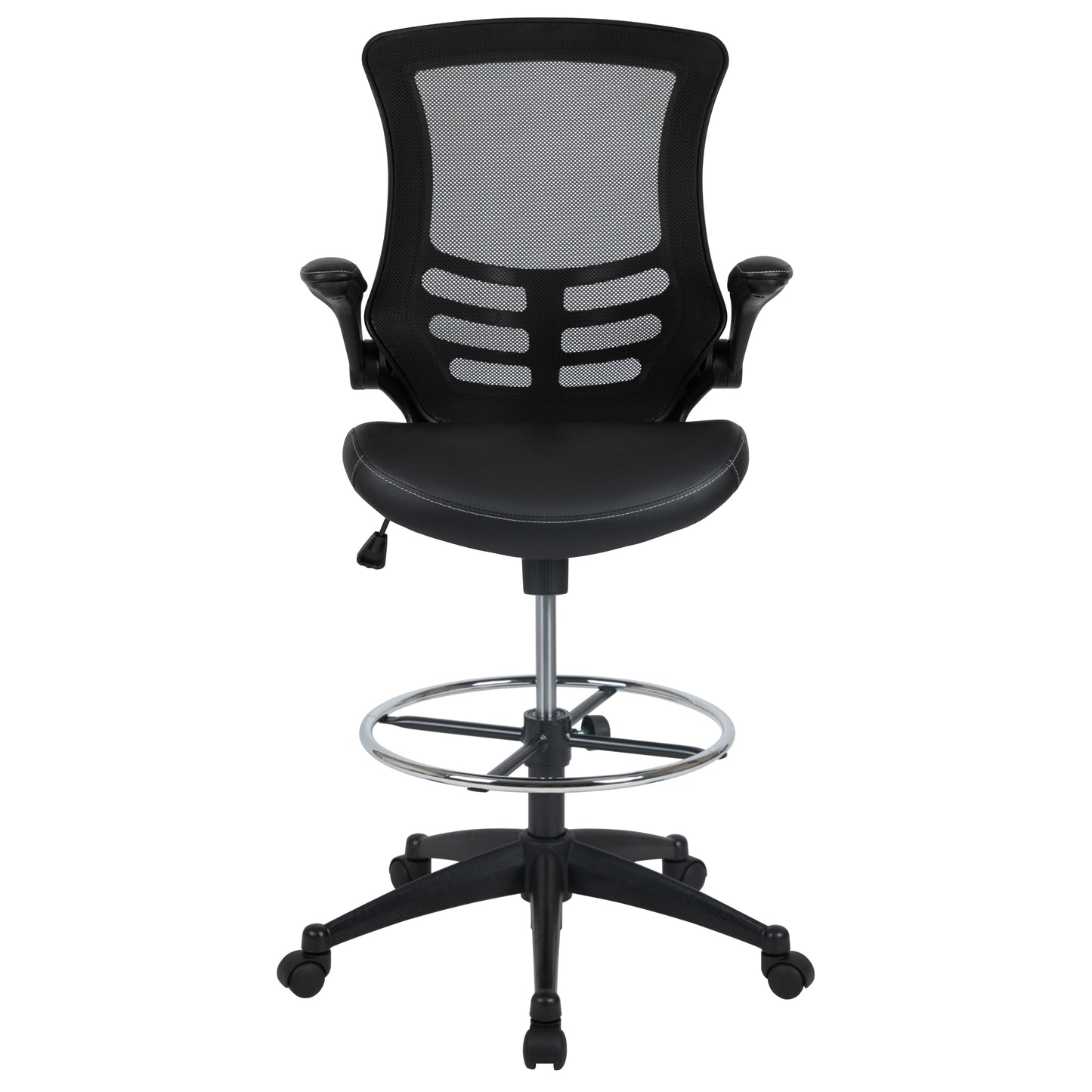 Kelista Mid-Back Black Mesh Ergonomic Drafting Chair with LeatherSoft Seat, Adjustable Foot Ring and Flip-Up Arms Black Mesh & LeatherSoft/Black Frame