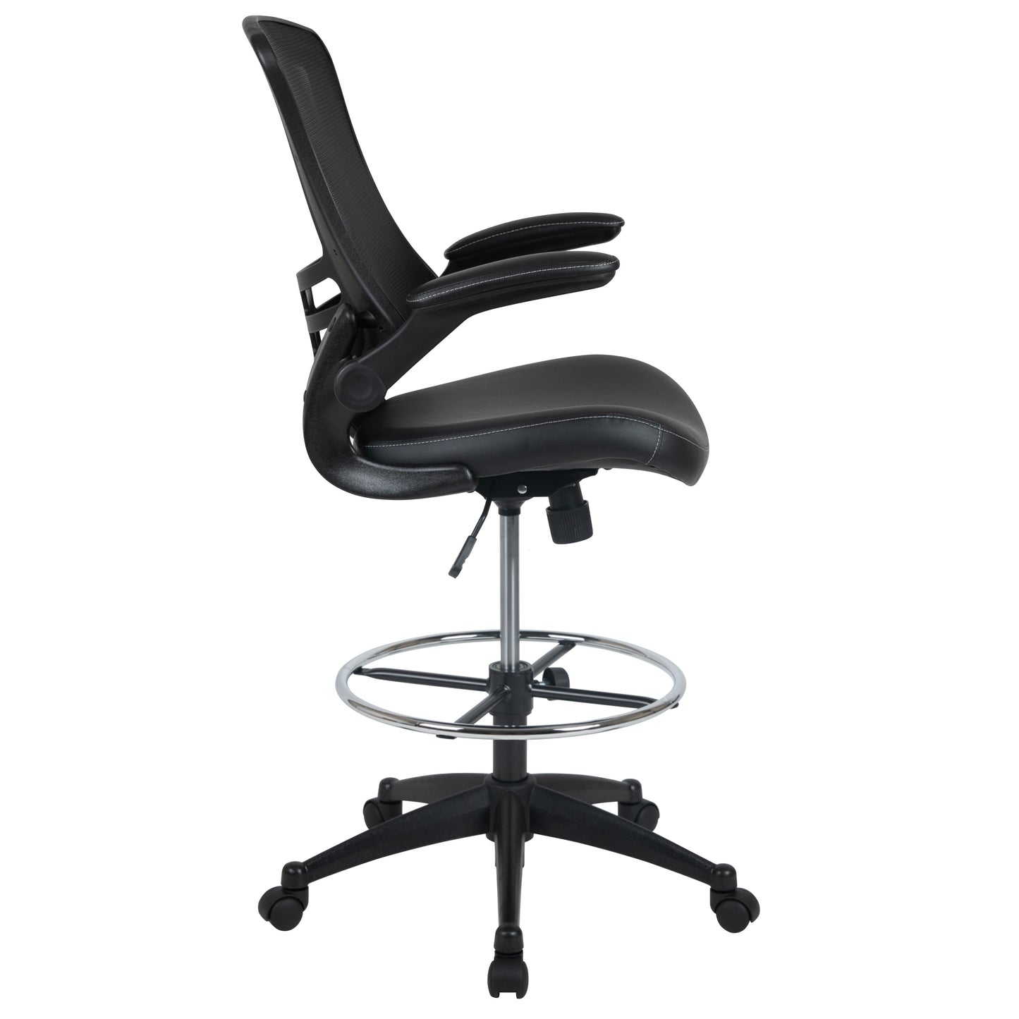 Kelista Mid-Back Black Mesh Ergonomic Drafting Chair with LeatherSoft Seat, Adjustable Foot Ring and Flip-Up Arms Black Mesh & LeatherSoft/Black Frame