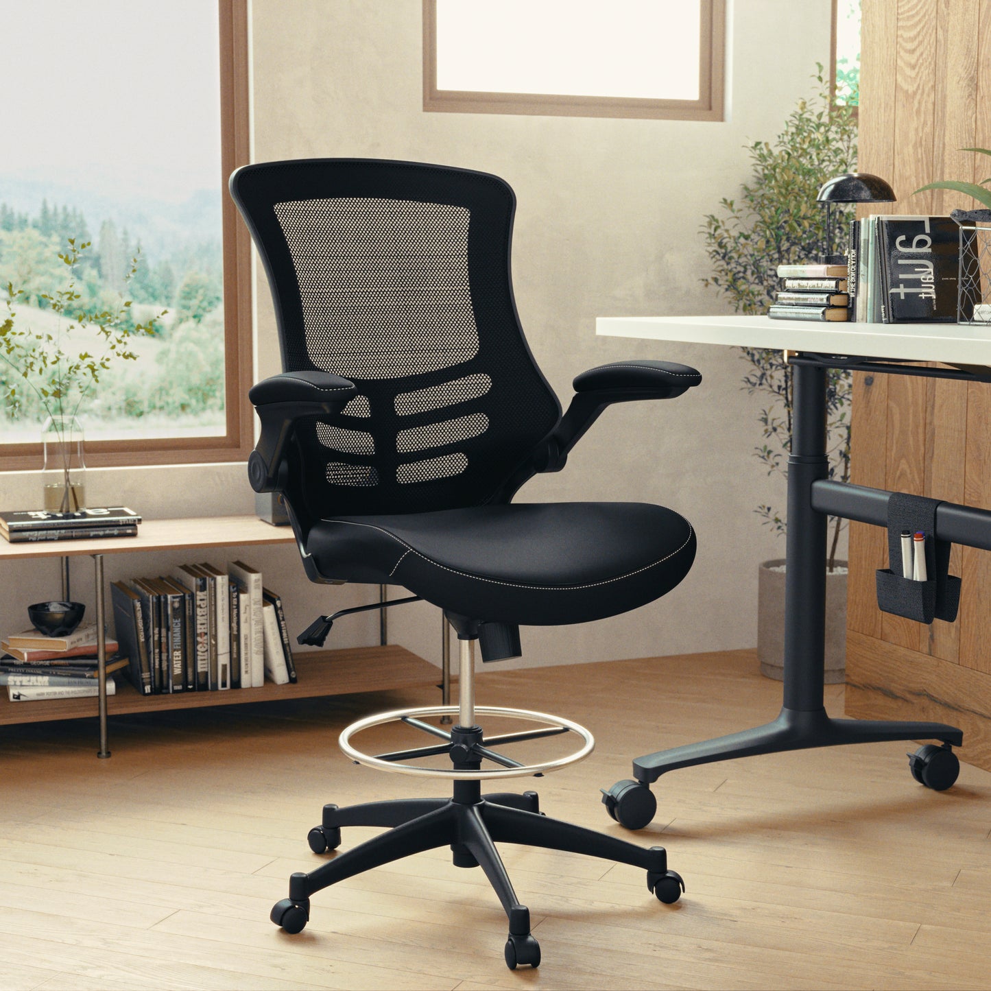 Kelista Mid-Back Black Mesh Ergonomic Drafting Chair with LeatherSoft Seat, Adjustable Foot Ring and Flip-Up Arms Black Mesh & LeatherSoft/Black Frame
