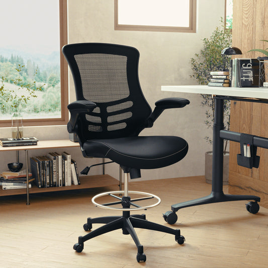 Kelista Mid-Back Black Mesh Ergonomic Drafting Chair with LeatherSoft Seat, Adjustable Foot Ring and Flip-Up Arms Black Mesh & LeatherSoft/Black Frame