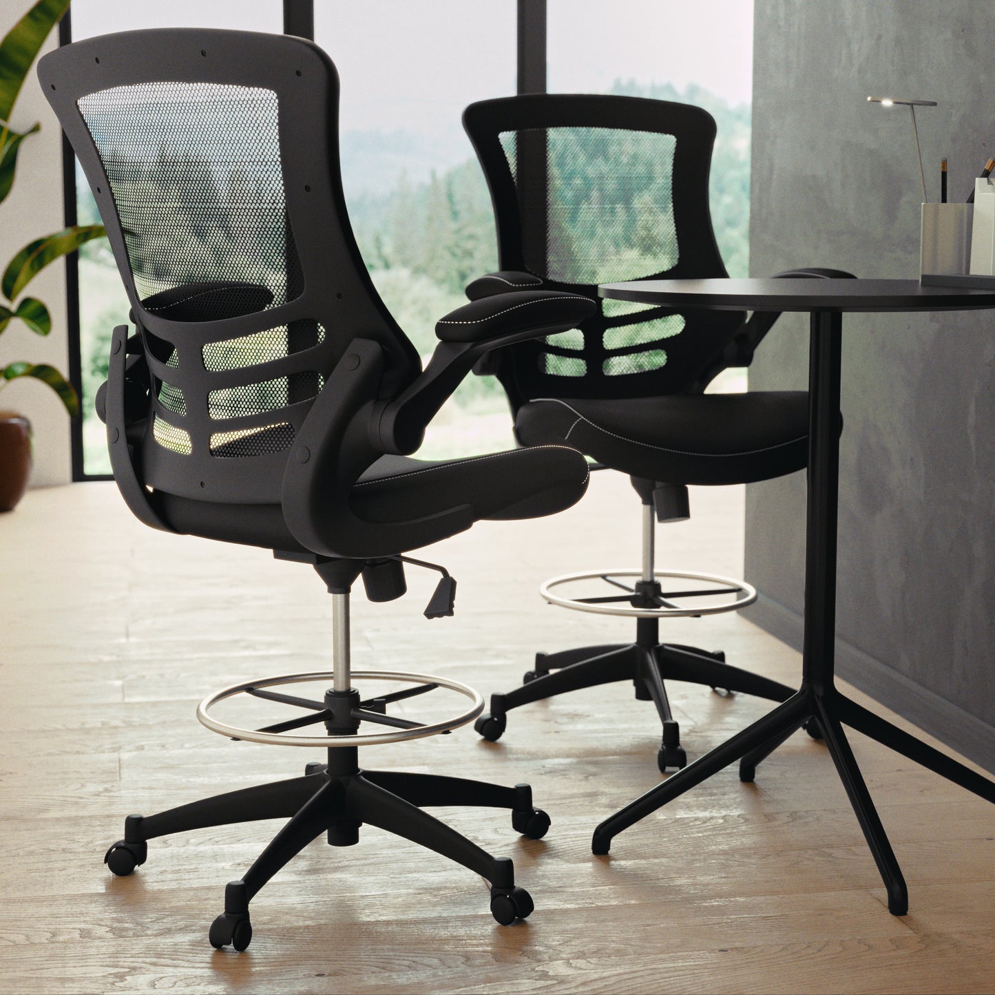 Kelista Mid-Back Black Mesh Ergonomic Drafting Chair with LeatherSoft Seat, Adjustable Foot Ring and Flip-Up Arms Black Mesh & LeatherSoft/Black Frame