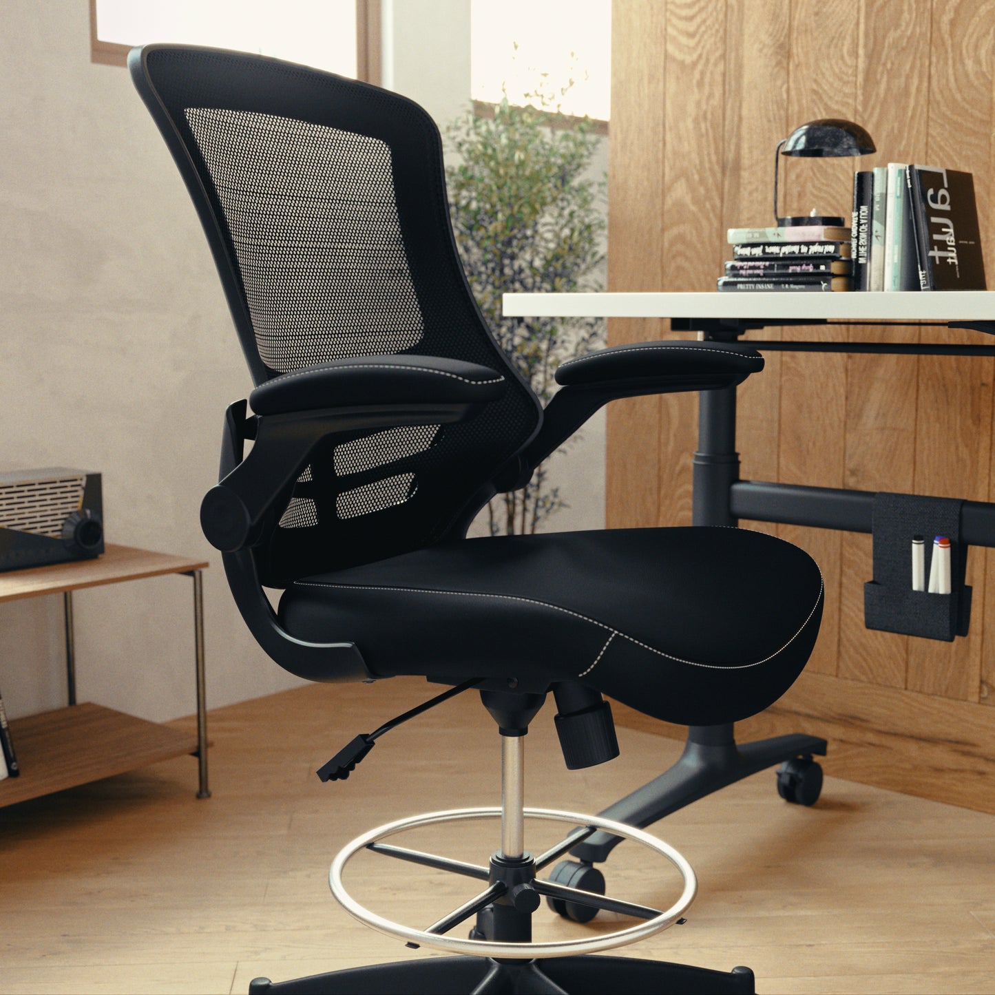Kelista Mid-Back Black Mesh Ergonomic Drafting Chair with LeatherSoft Seat, Adjustable Foot Ring and Flip-Up Arms Black Mesh & LeatherSoft/Black Frame