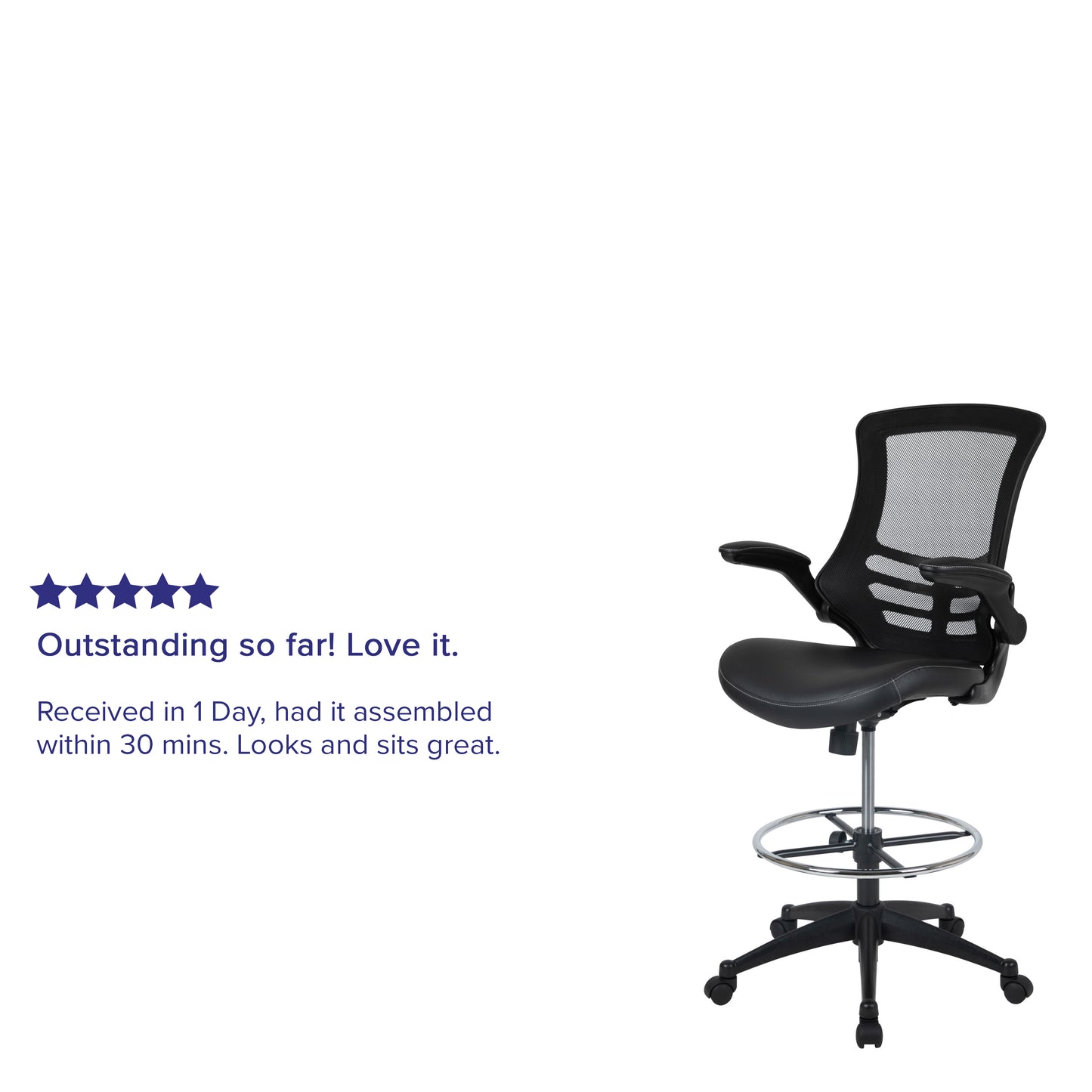 Kelista Mid-Back Black Mesh Ergonomic Drafting Chair with LeatherSoft Seat, Adjustable Foot Ring and Flip-Up Arms Black Mesh & LeatherSoft/Black Frame