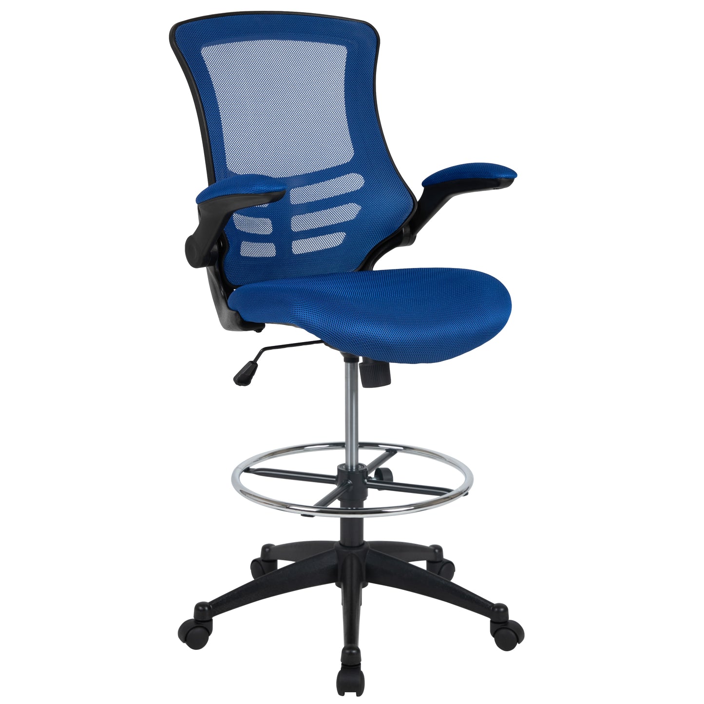 Kelista Mid-Back Blue Mesh Ergonomic Drafting Chair with Adjustable Foot Ring and Flip-Up Arms Blue Mesh/Black Frame