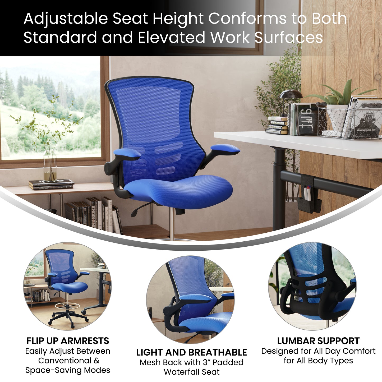 Kelista Mid-Back Blue Mesh Ergonomic Drafting Chair with Adjustable Foot Ring and Flip-Up Arms Blue Mesh/Black Frame