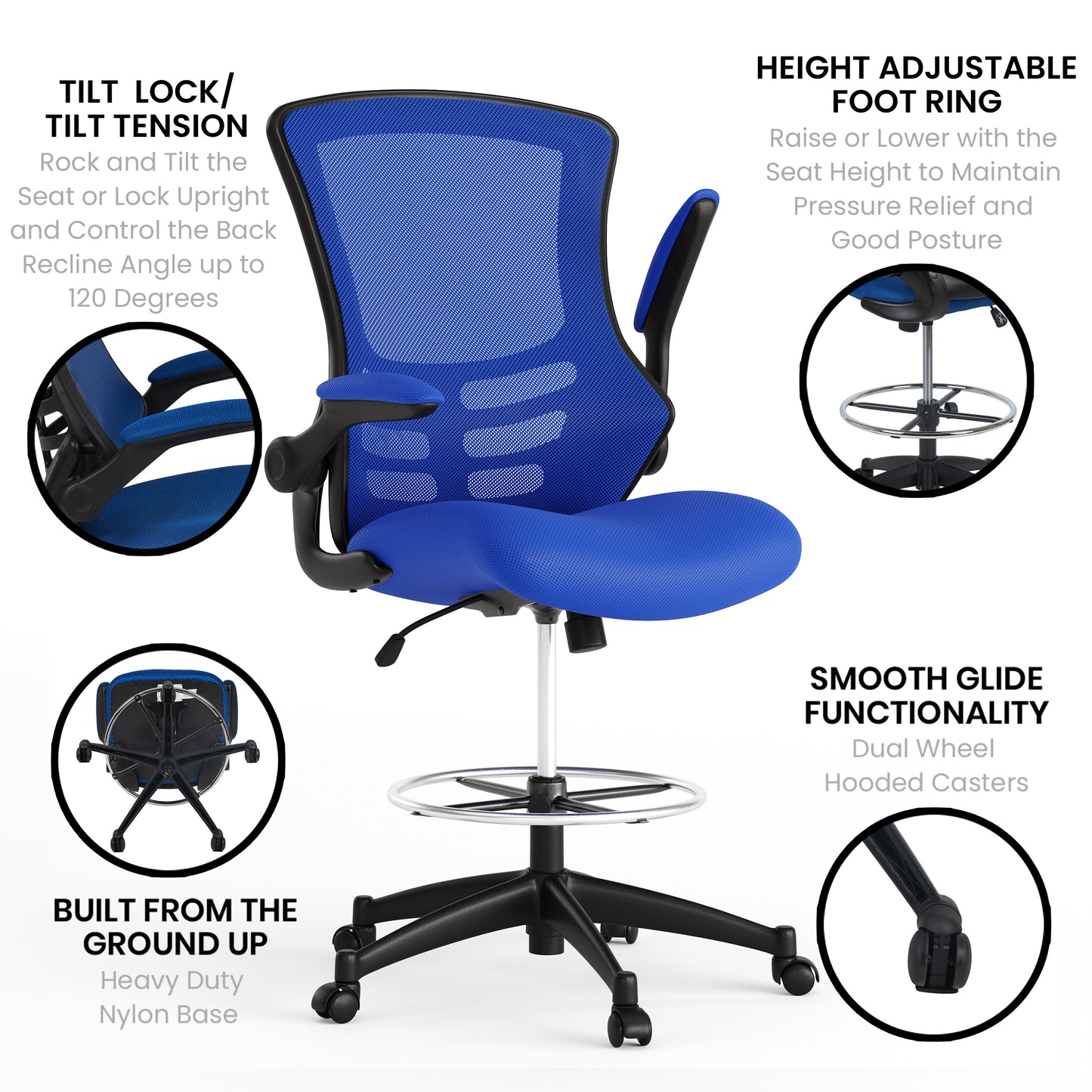 Kelista Mid-Back Blue Mesh Ergonomic Drafting Chair with Adjustable Foot Ring and Flip-Up Arms Blue Mesh/Black Frame
