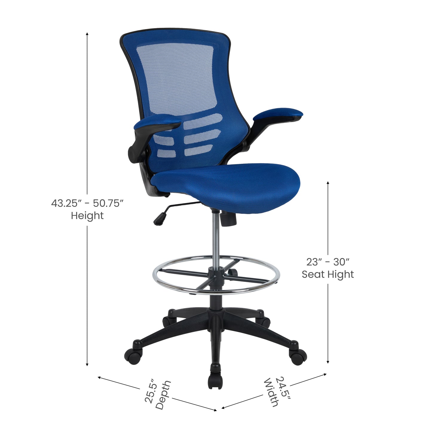Kelista Mid-Back Blue Mesh Ergonomic Drafting Chair with Adjustable Foot Ring and Flip-Up Arms Blue Mesh/Black Frame
