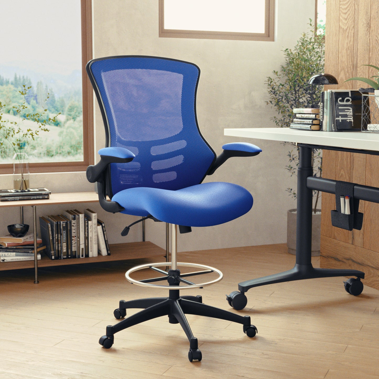 Kelista Mid-Back Blue Mesh Ergonomic Drafting Chair with Adjustable Foot Ring and Flip-Up Arms Blue Mesh/Black Frame