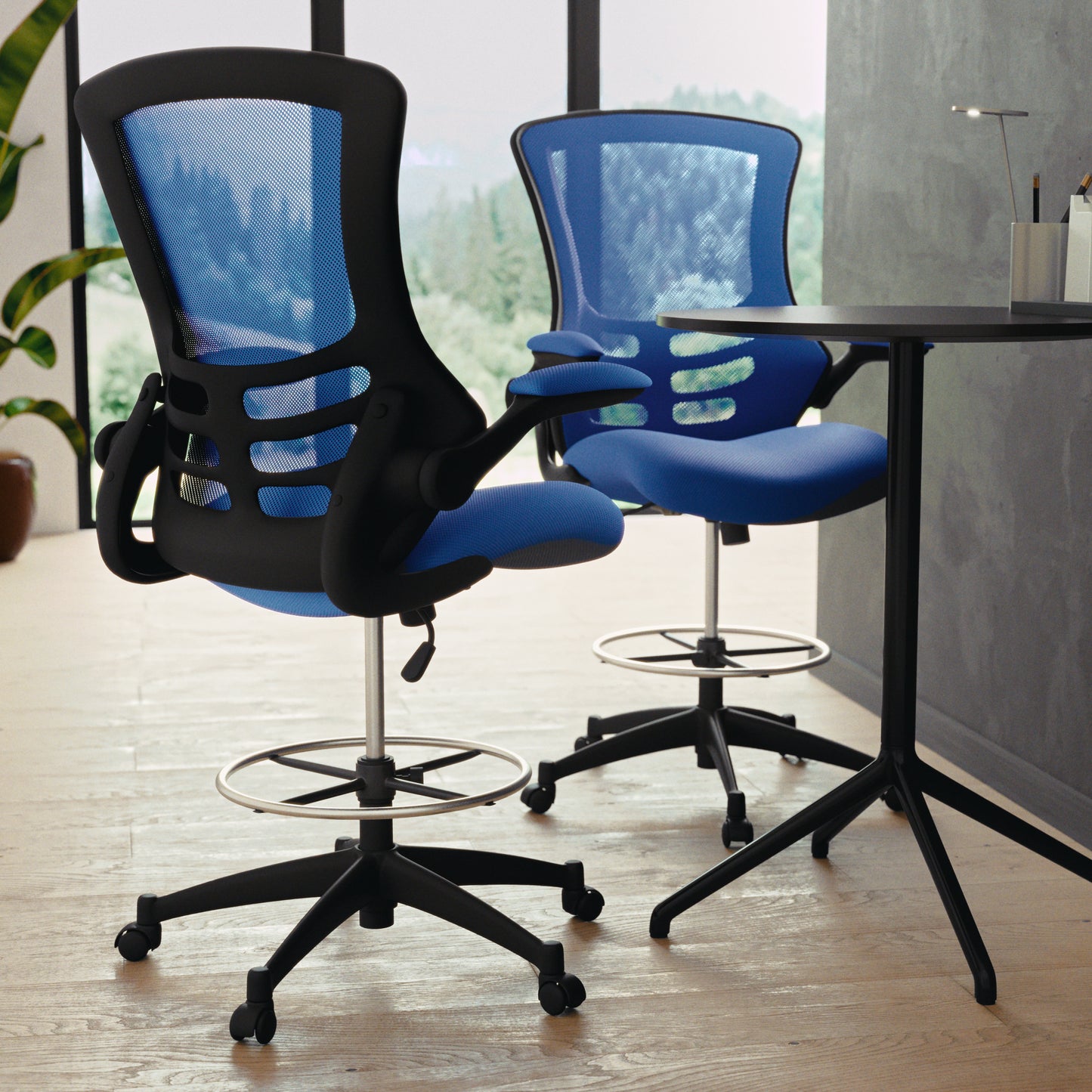 Kelista Mid-Back Blue Mesh Ergonomic Drafting Chair with Adjustable Foot Ring and Flip-Up Arms Blue Mesh/Black Frame