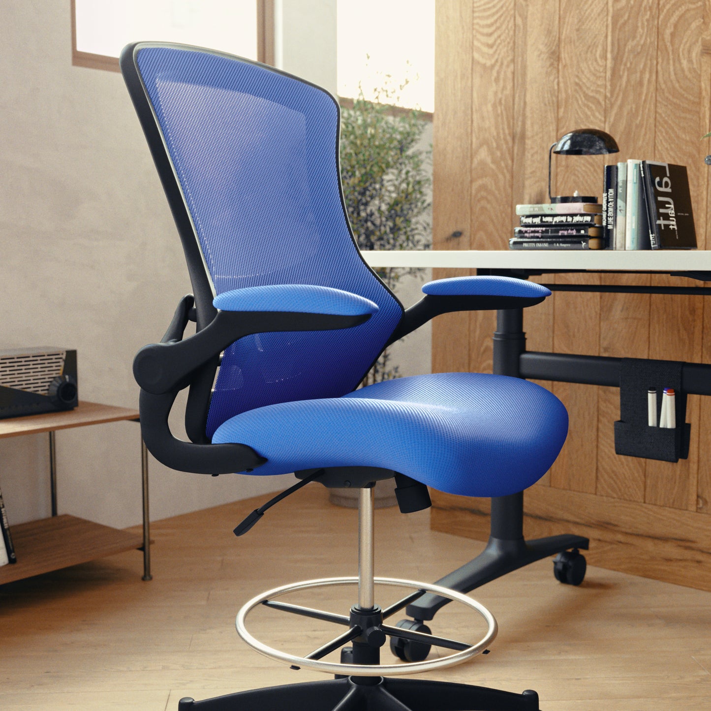 Kelista Mid-Back Blue Mesh Ergonomic Drafting Chair with Adjustable Foot Ring and Flip-Up Arms Blue Mesh/Black Frame