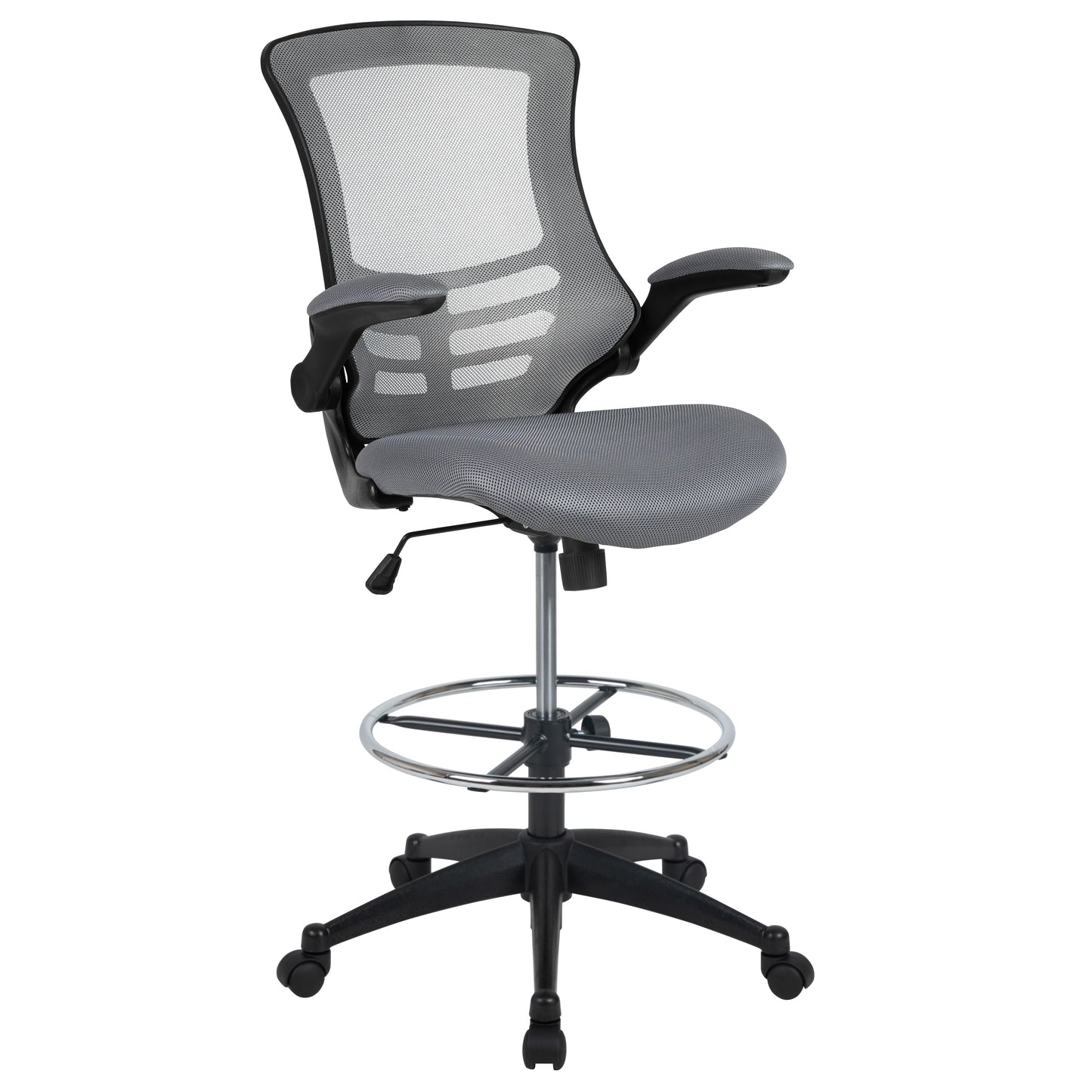 Kelista Mid-Back Dark Gray Mesh Ergonomic Drafting Chair with Adjustable Foot Ring and Flip-Up Arms Dark Gray Mesh/Black Frame