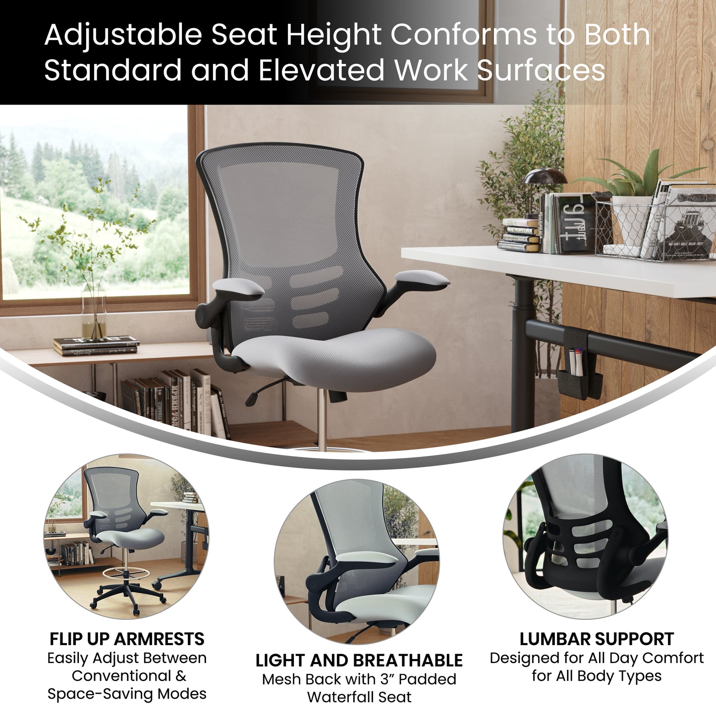 Kelista Mid-Back Dark Gray Mesh Ergonomic Drafting Chair with Adjustable Foot Ring and Flip-Up Arms Dark Gray Mesh/Black Frame