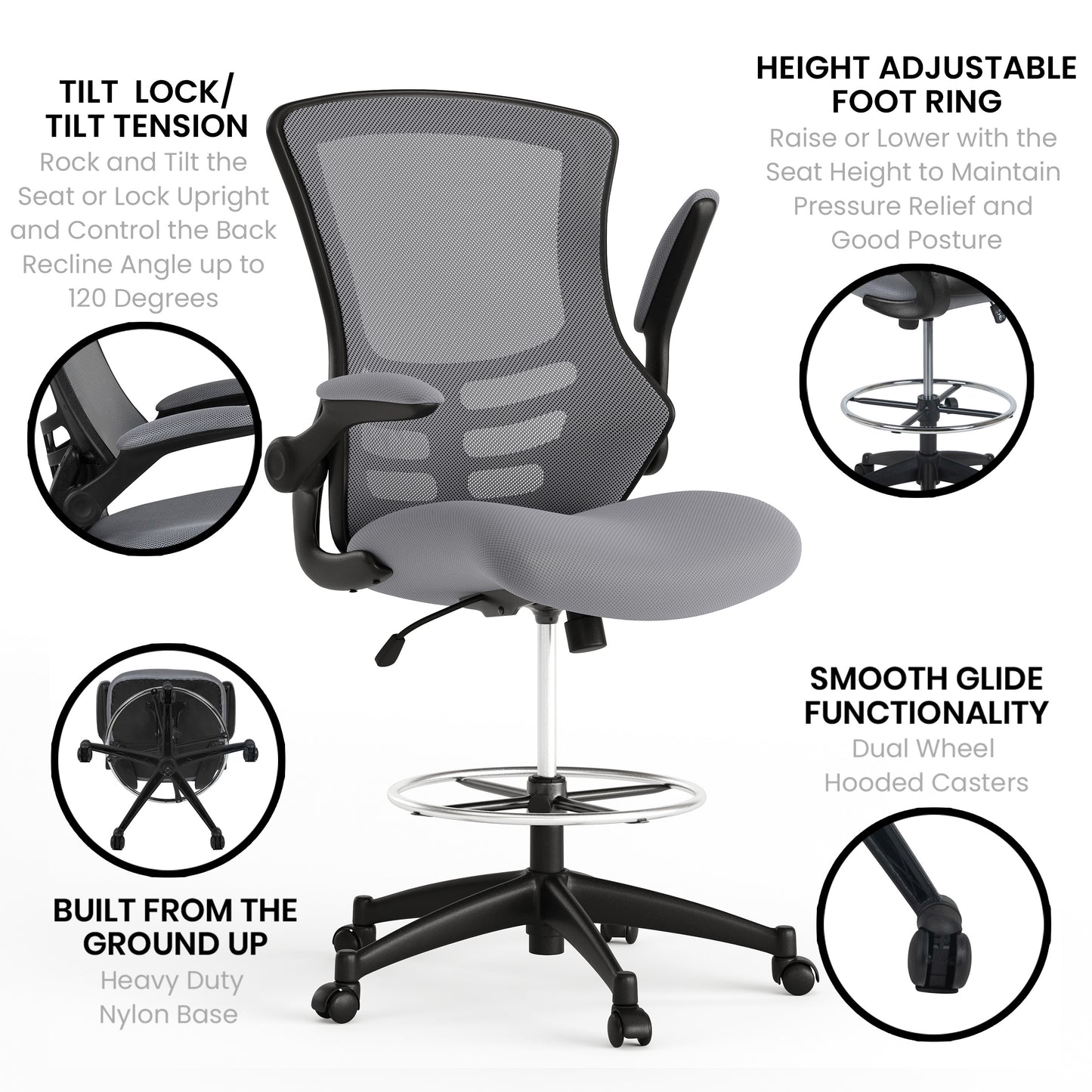 Kelista Mid-Back Dark Gray Mesh Ergonomic Drafting Chair with Adjustable Foot Ring and Flip-Up Arms Dark Gray Mesh/Black Frame